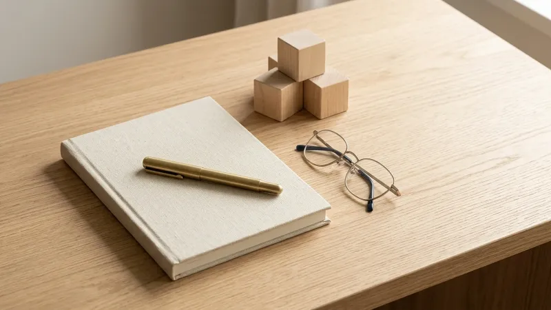 Carnet ferm&eacute;, stylo plume en laiton et cubes de bois sur un bureau de ch&ecirc;ne clair
