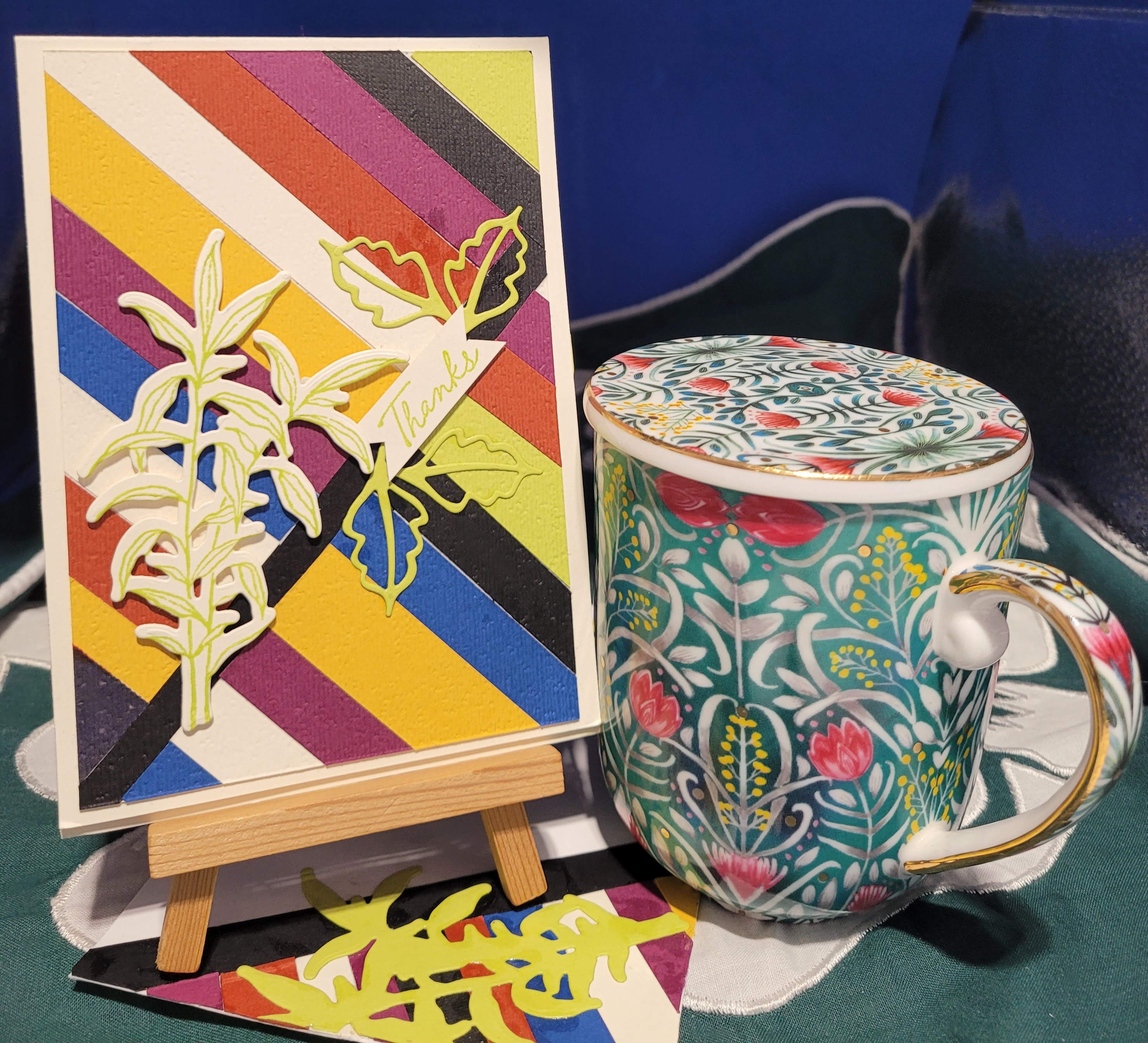 Y7 - Handcrafted Thank You Card - Bright Diagonal Patchwork Stripes