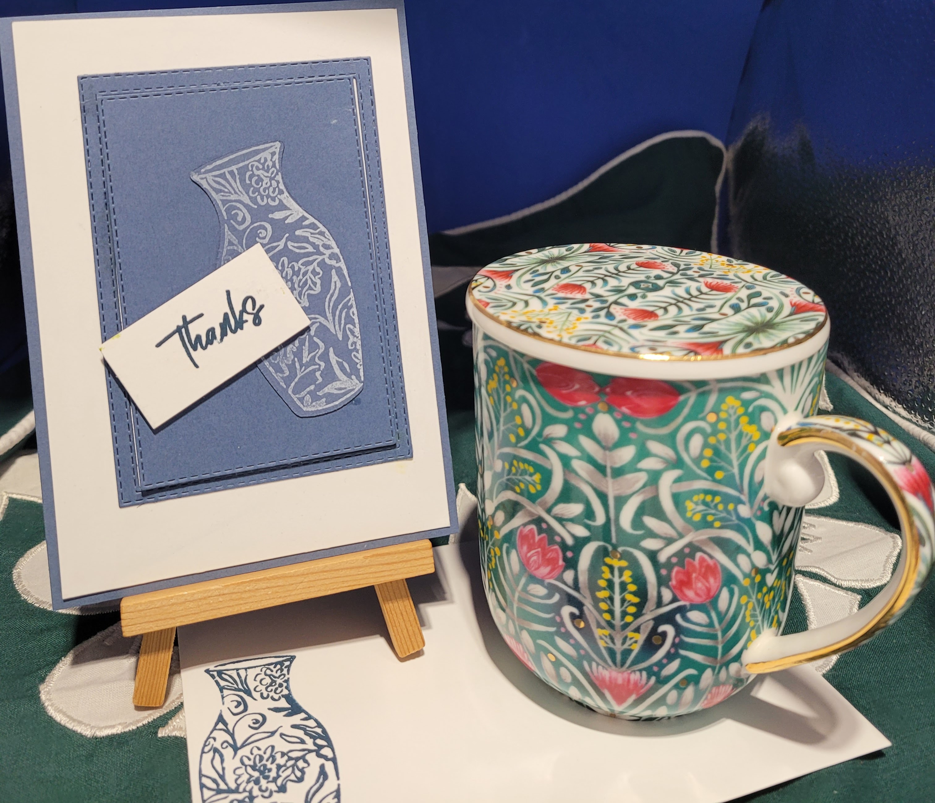 Y6 - Handcrafted Thank You Card - Misty Moonlight Stitched Frame & Vase