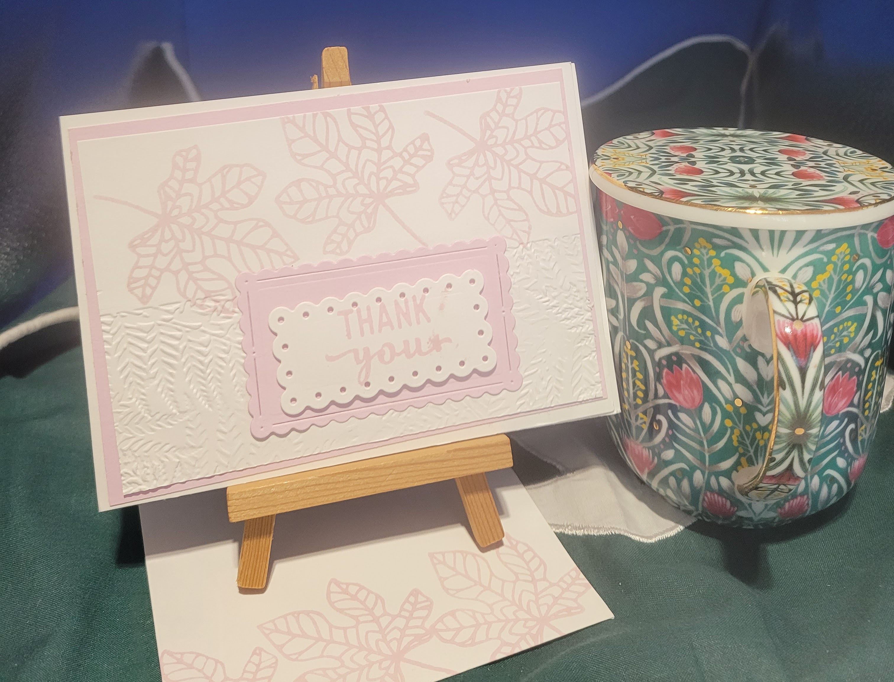 Y12 - Handcrafted Thank You Card - Leafy White & Bubble Bath Pink