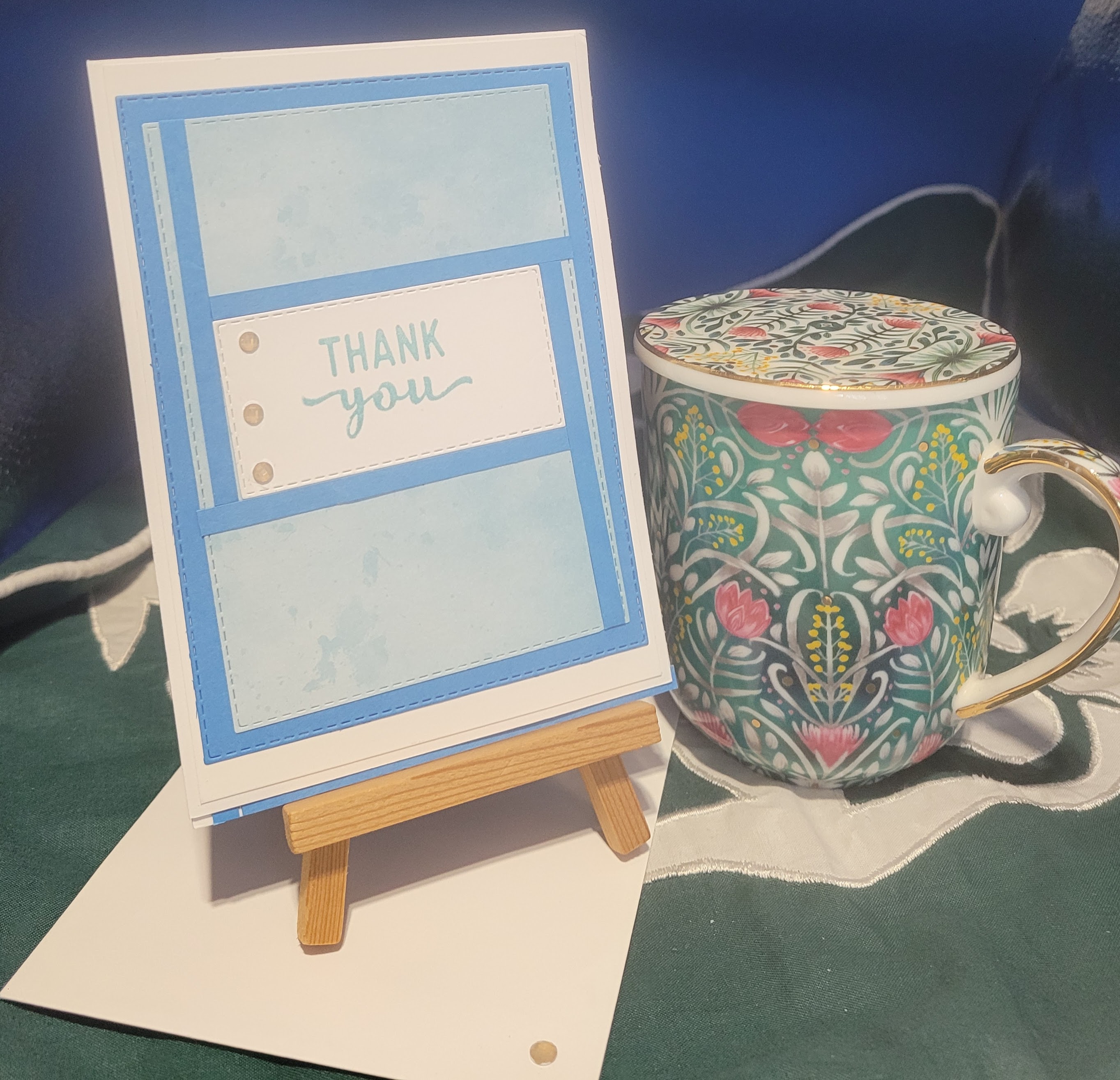 Y14 - Handcrafted Thank You Card - Azure Afternoon Mosaic & Gold Gems