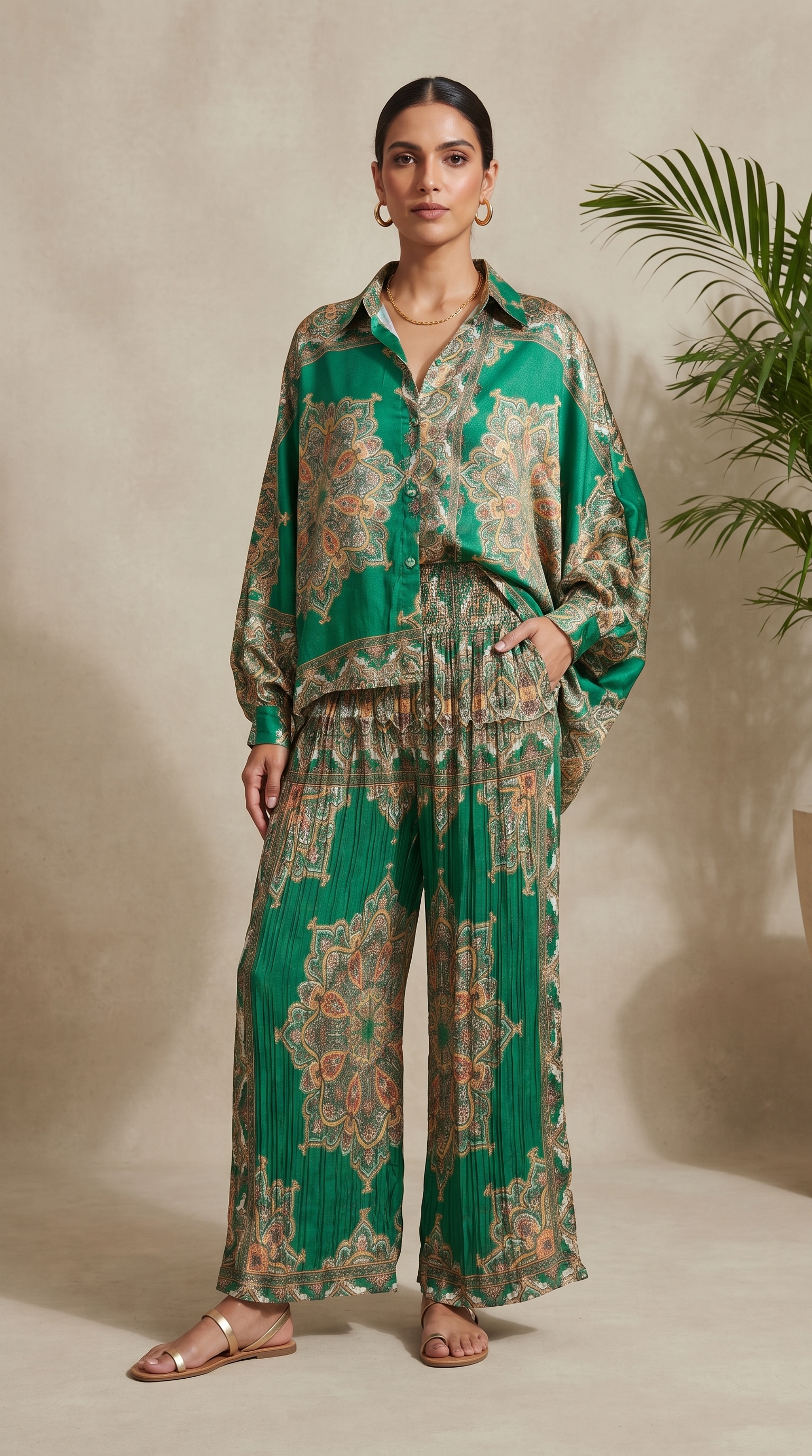 Emerald Ornamental Silk Top & Pleated Pants Set