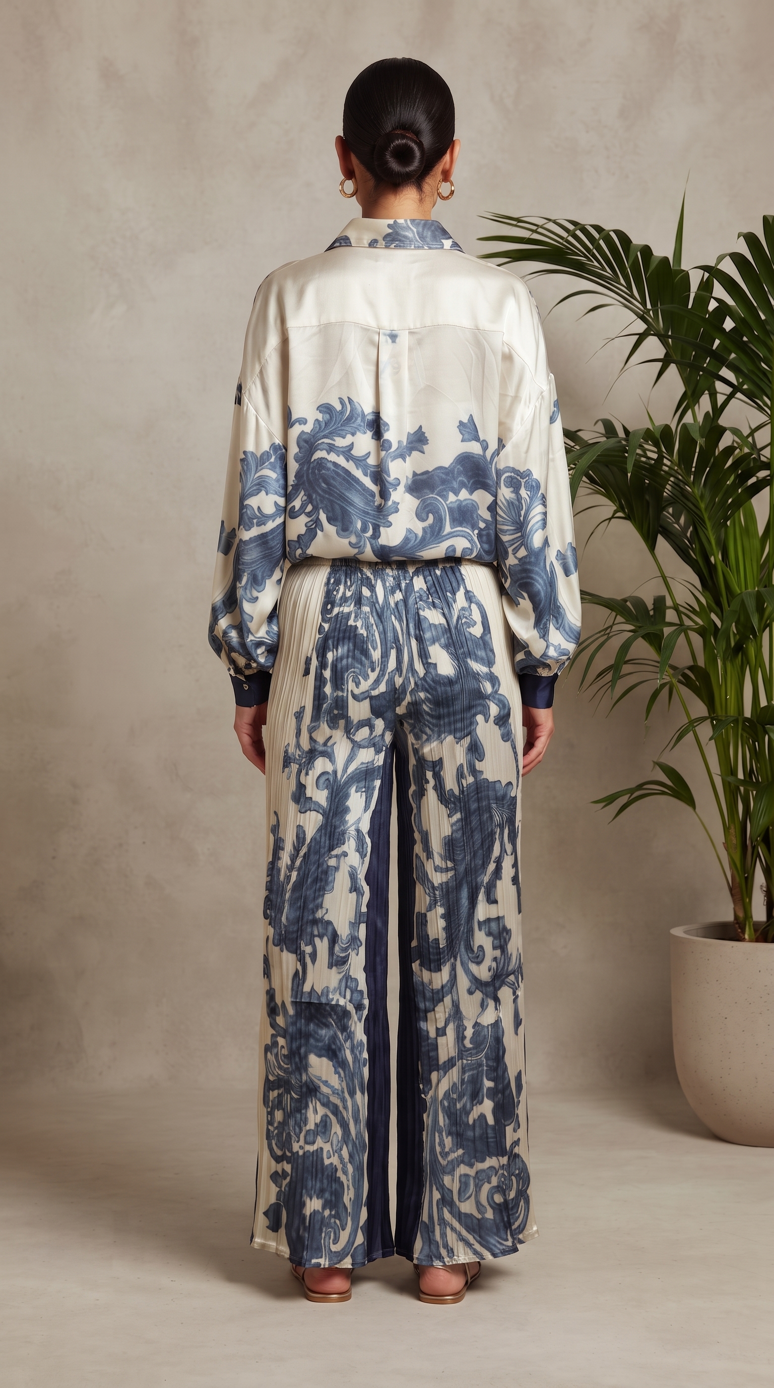 Ivory & Navy Baroque Silk Top & Pleated Pants Set