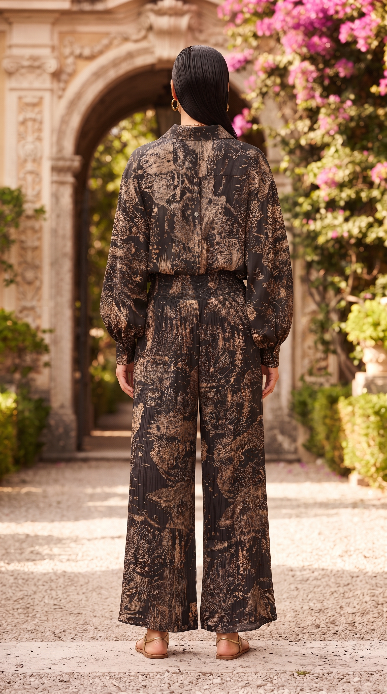 Black Safari Print Silk Top & Pleated Pants Set