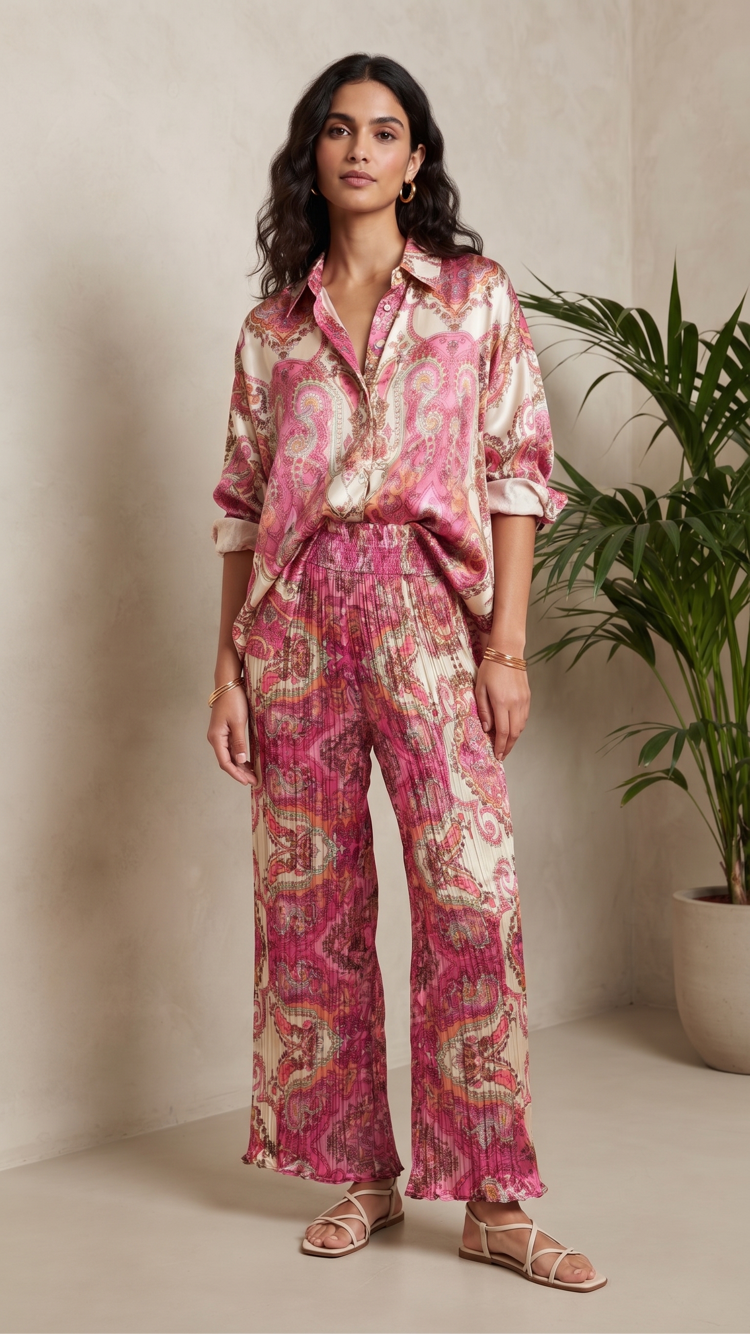 Pink Paisley Silk Top & Pants Set