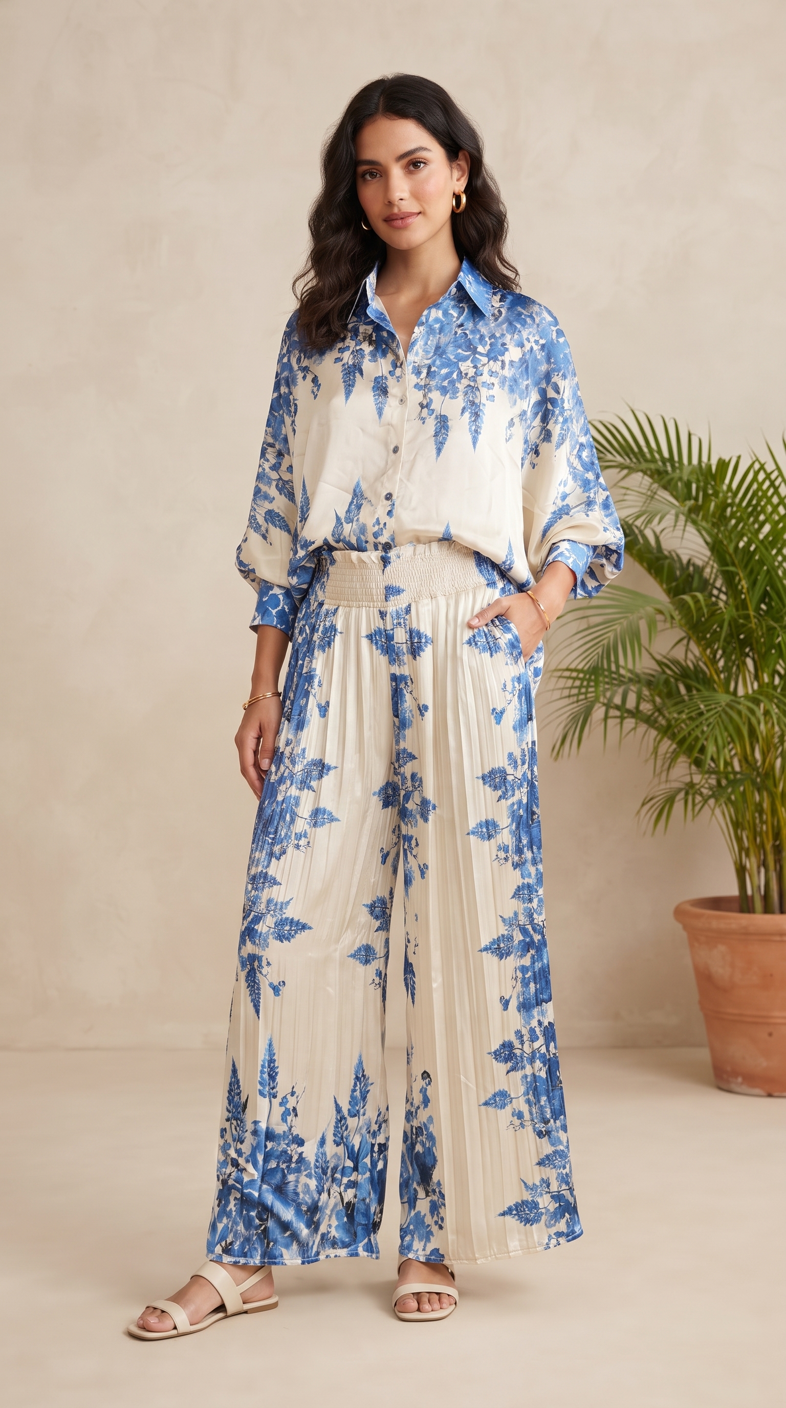 Blue Botanical Silk Top & Pleated Pants Set