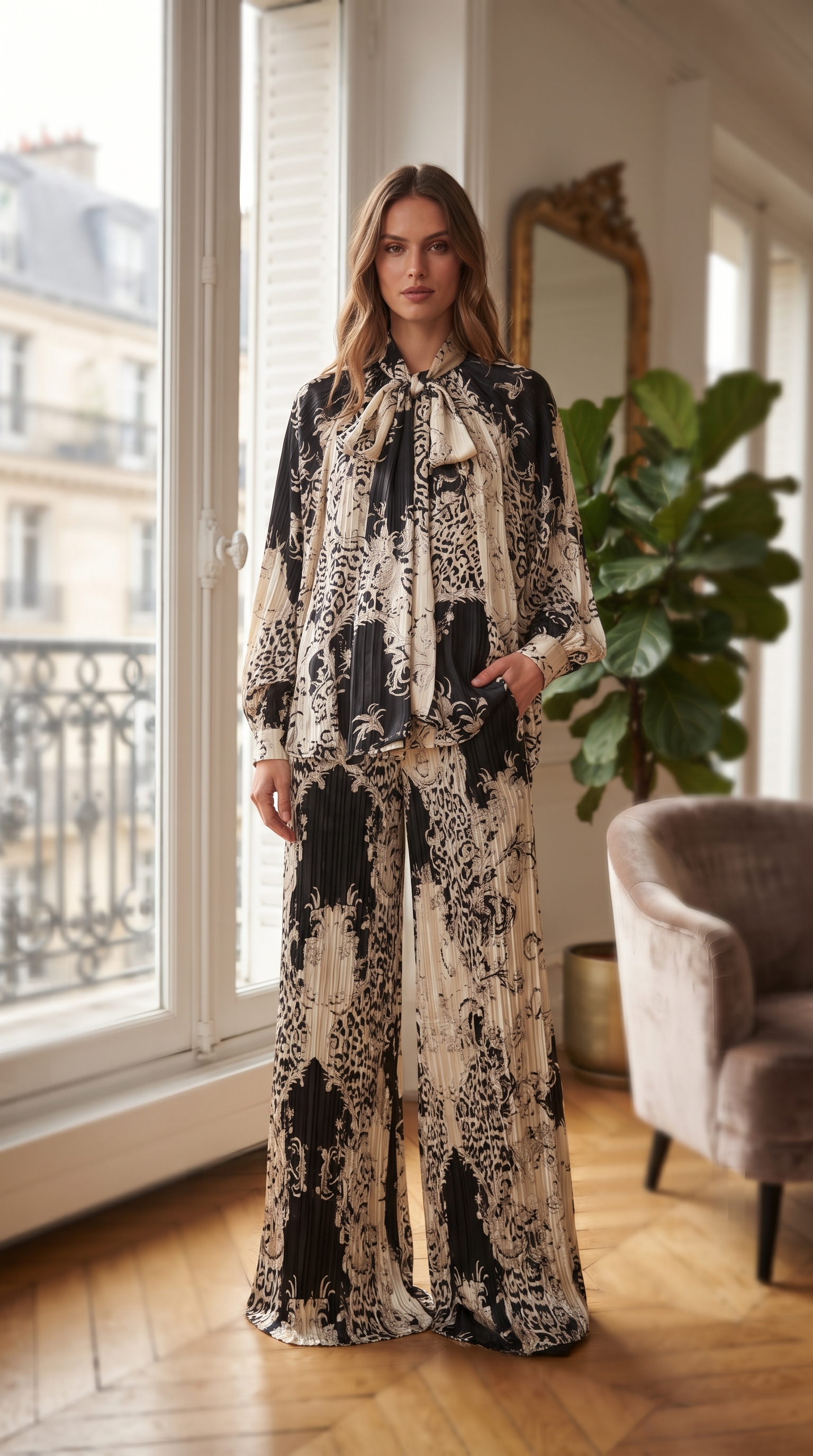 Black & Ivory Leopard Baroque Bow-Tie Silk Top & Pleated Pants Set
