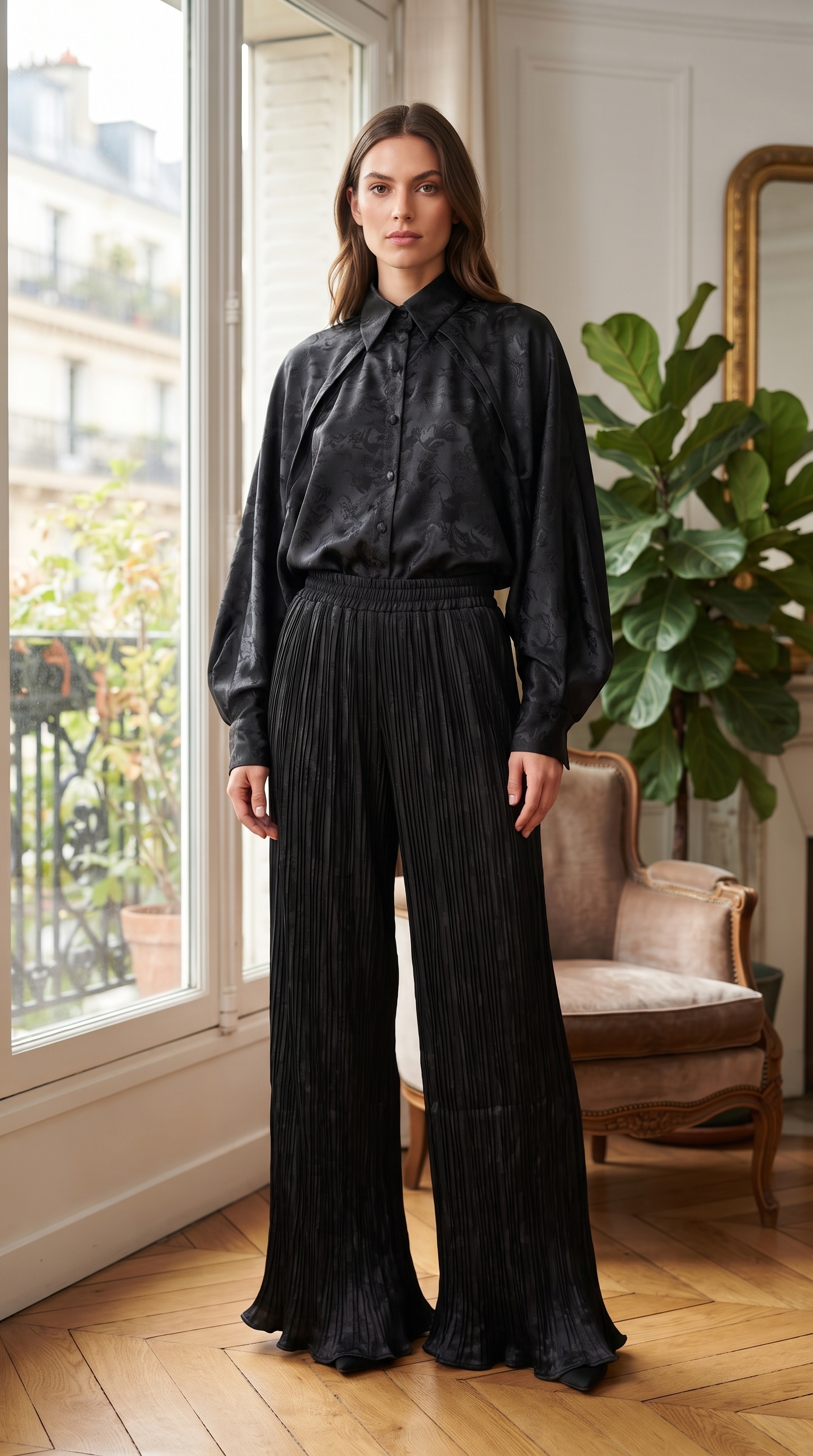 Black Jacquard Silk Top & Pleated Pants Set