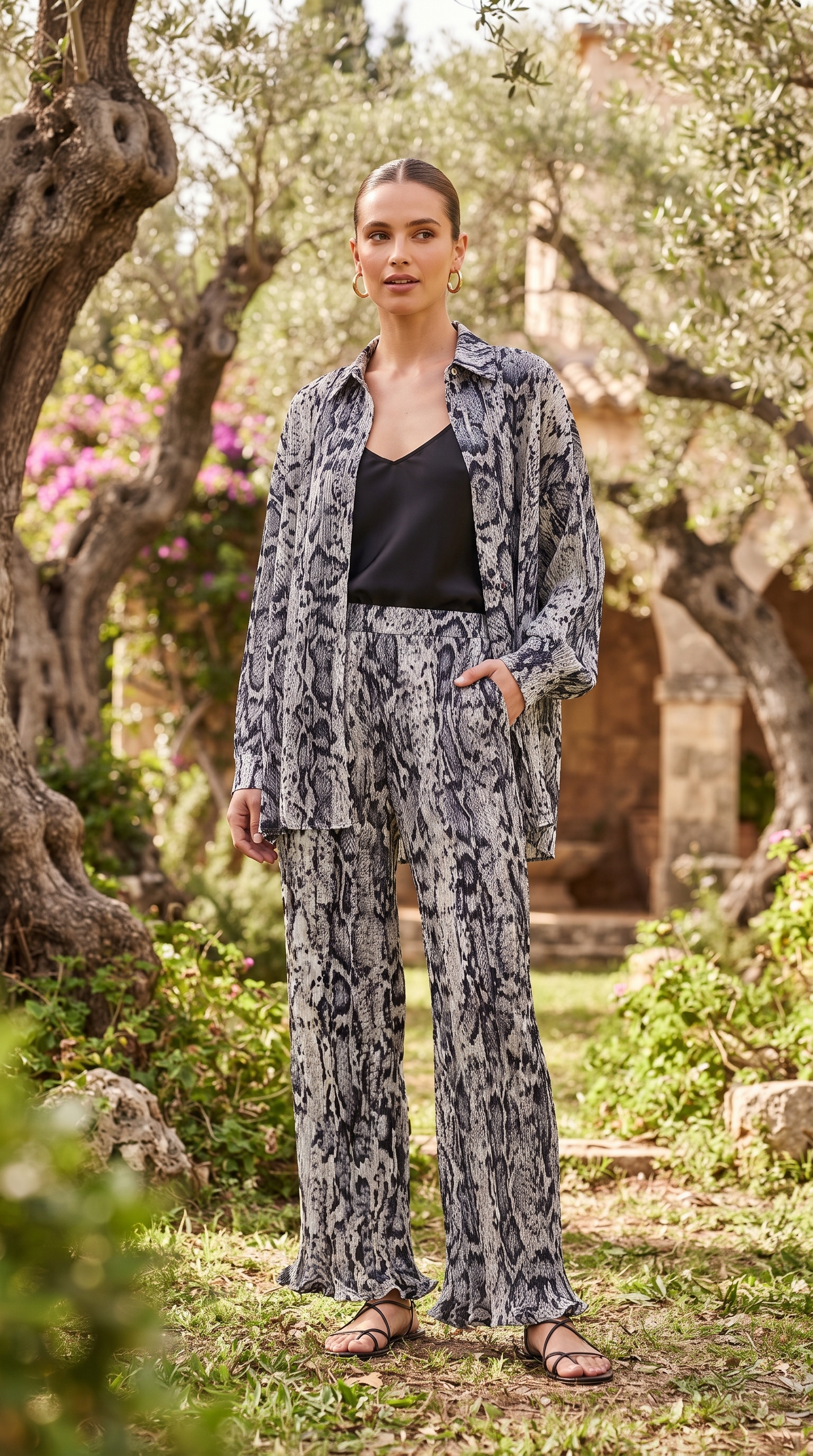 Black & Ivory Snake Print Silk Three-Piece Set