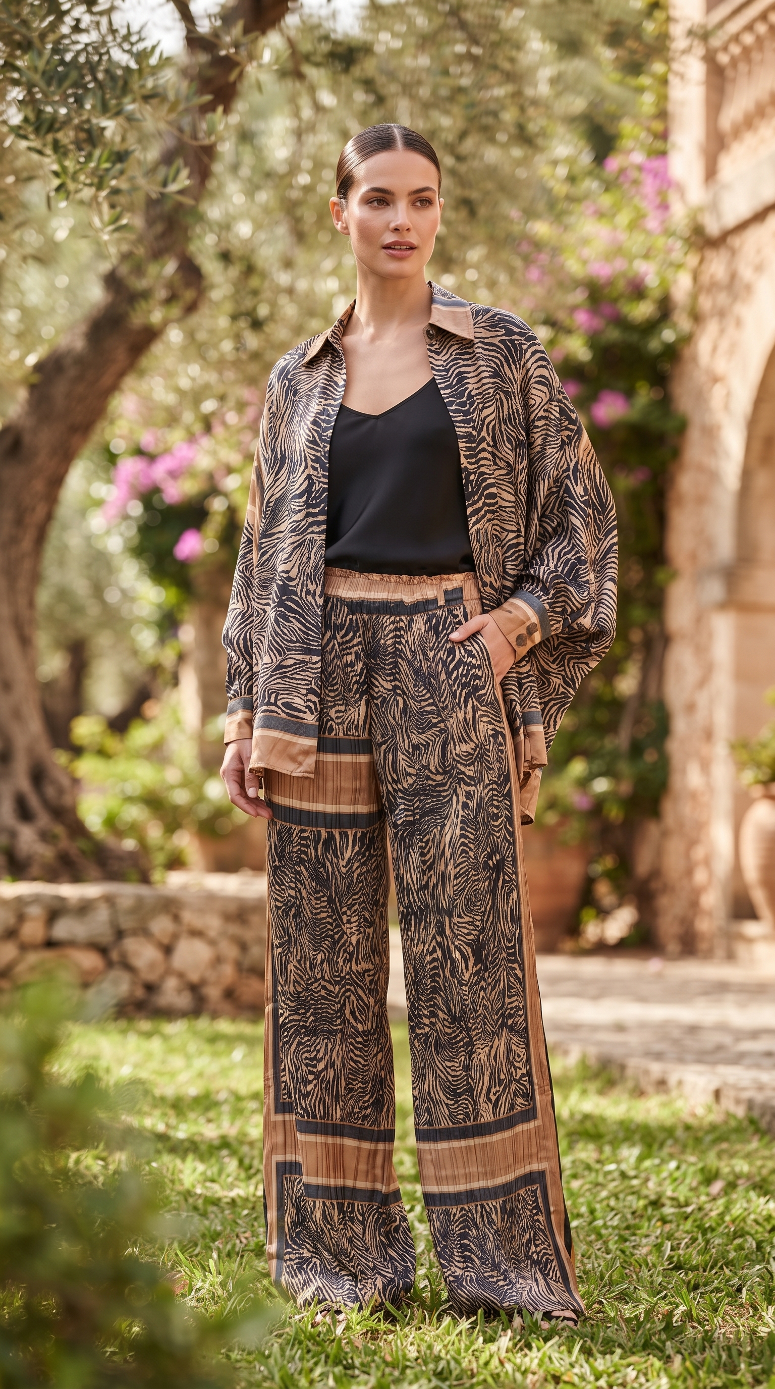 Black & Camel Zebra Print Silk Three-Piece Set