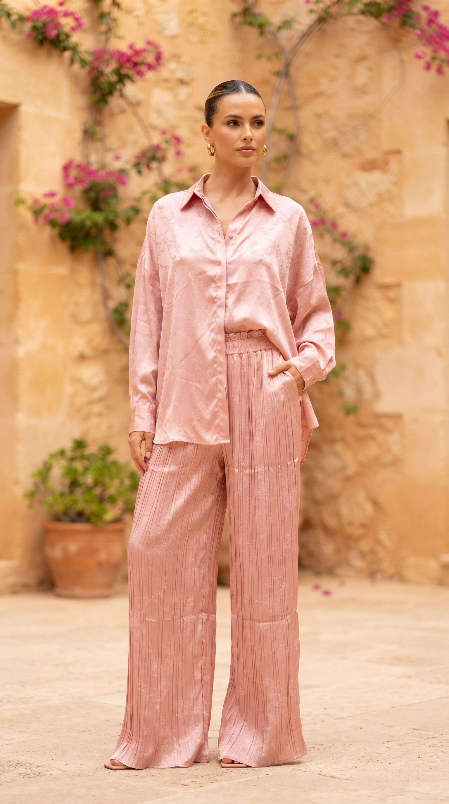 Blush Pink Jacquard Silk Top & Pleated Pants