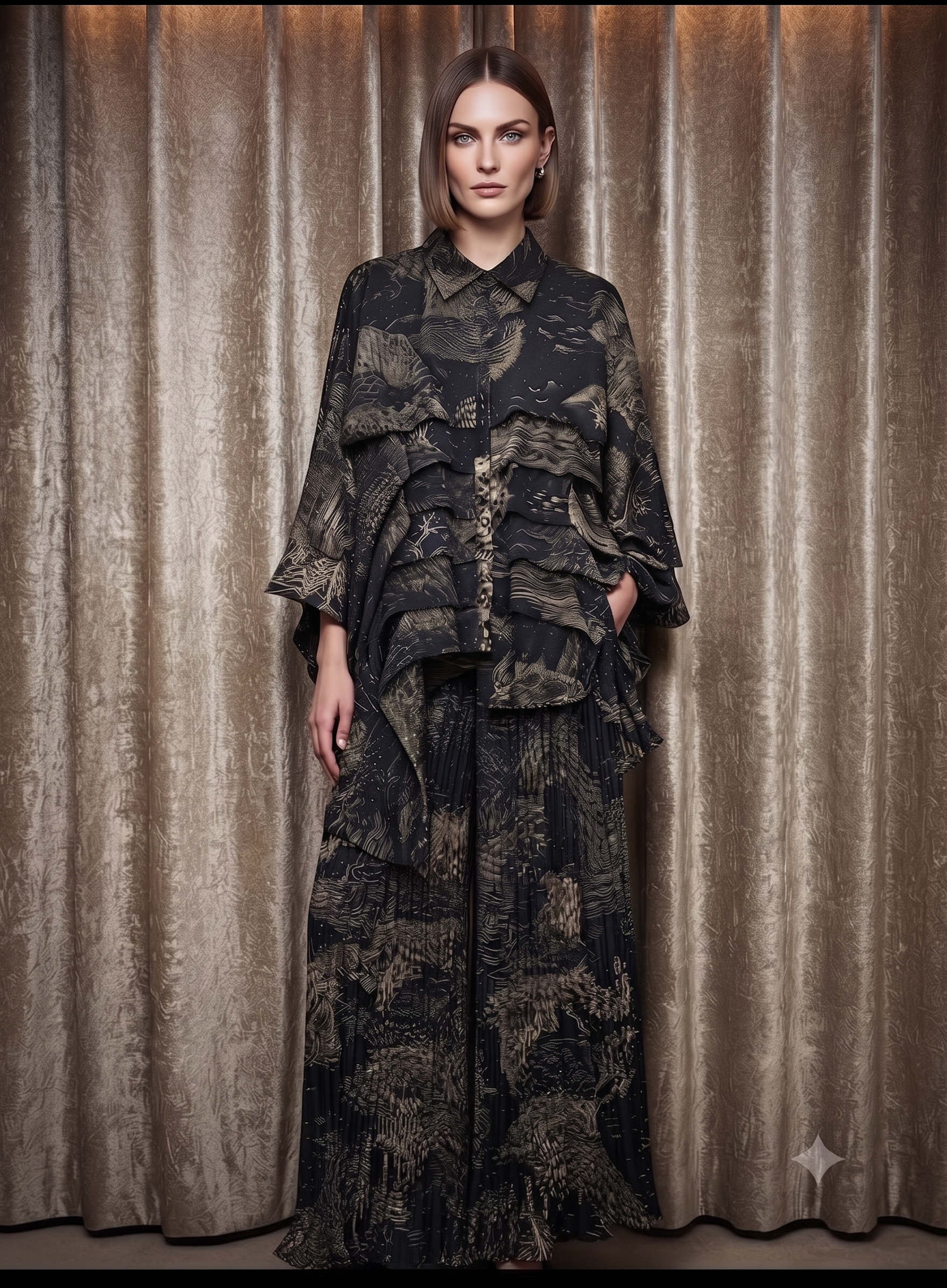Black Abstract Jacquard Layered Silk Top & Pleated Pants Set