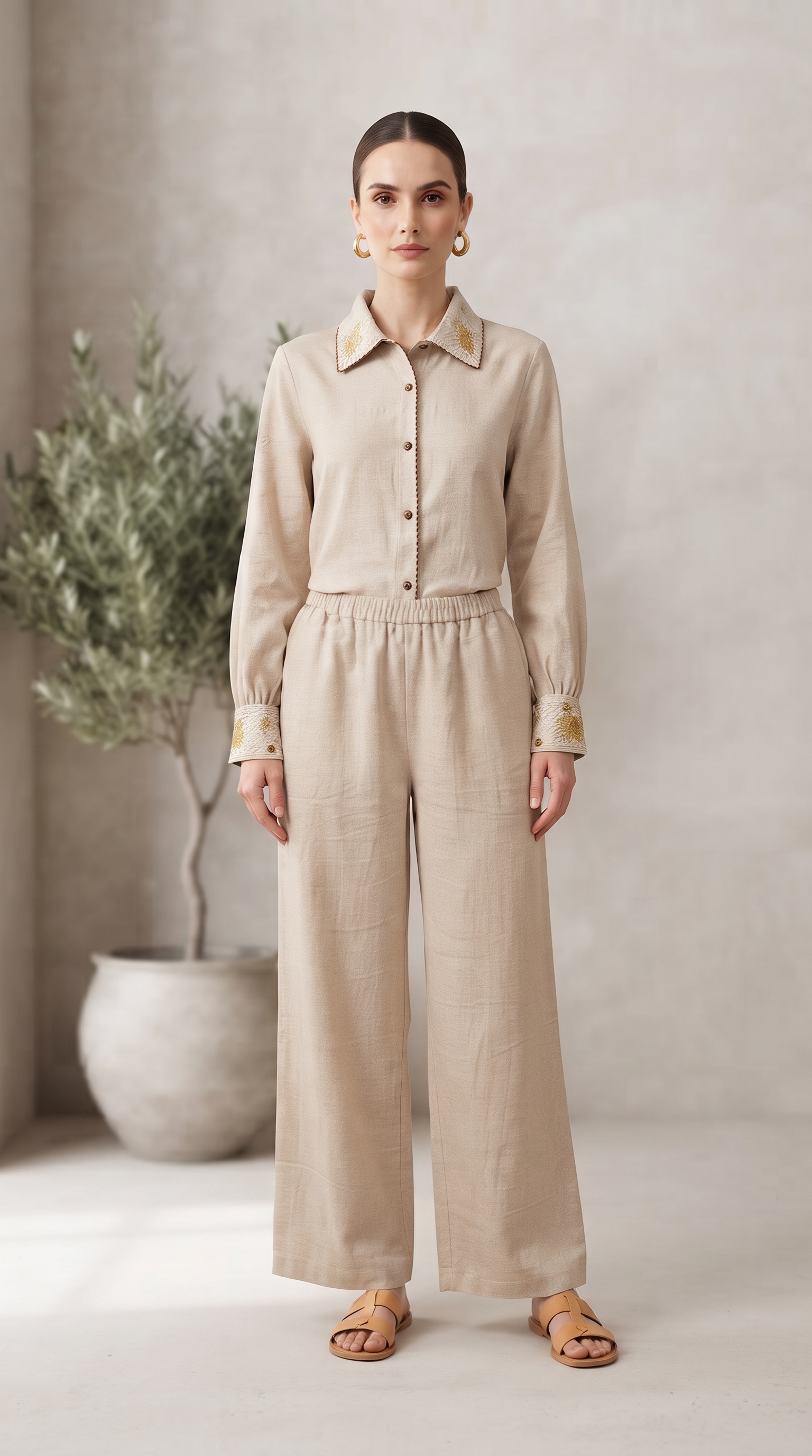 Champagne Embroidered Collar Top & Wide-Leg Pants Set