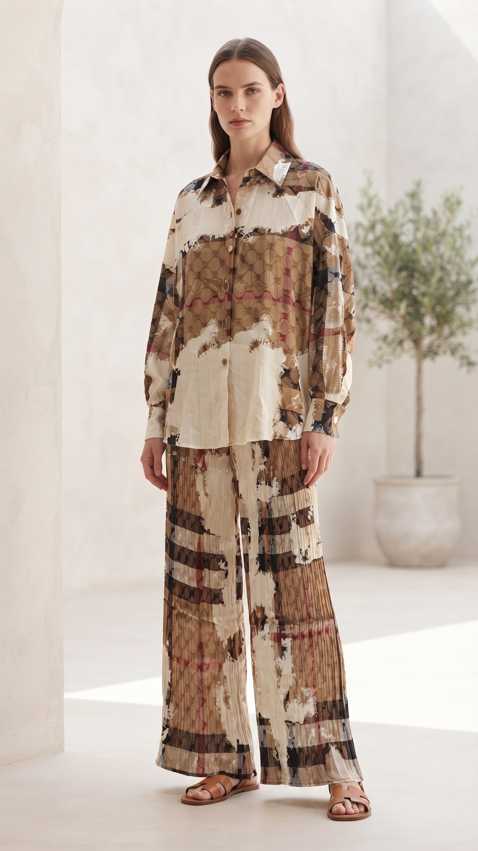 Abstract Heritage Print Top & Wide-Leg Pants Set