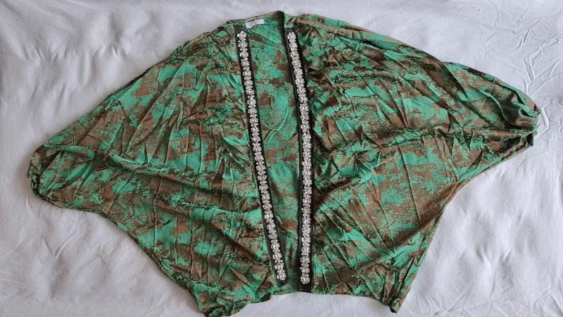 Emerald Green & Brown Embellished Open-Front Top