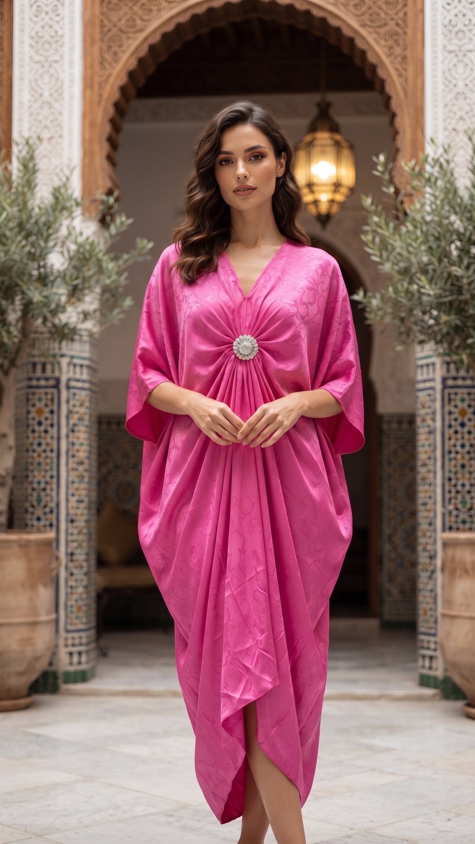 Fuchsia Embossed Draped Kaftan