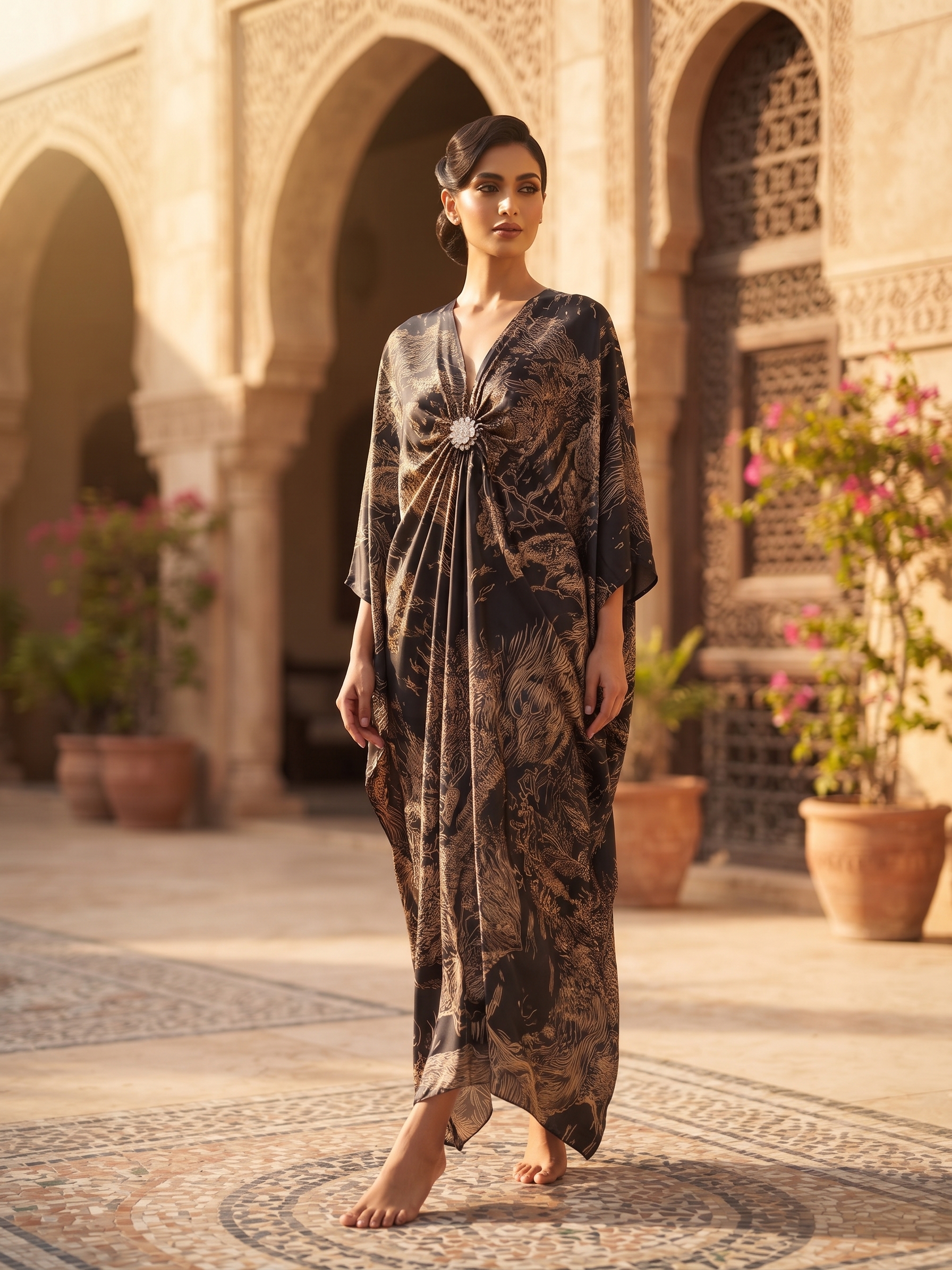 Black & Gold Ornamental Draped Kaftan