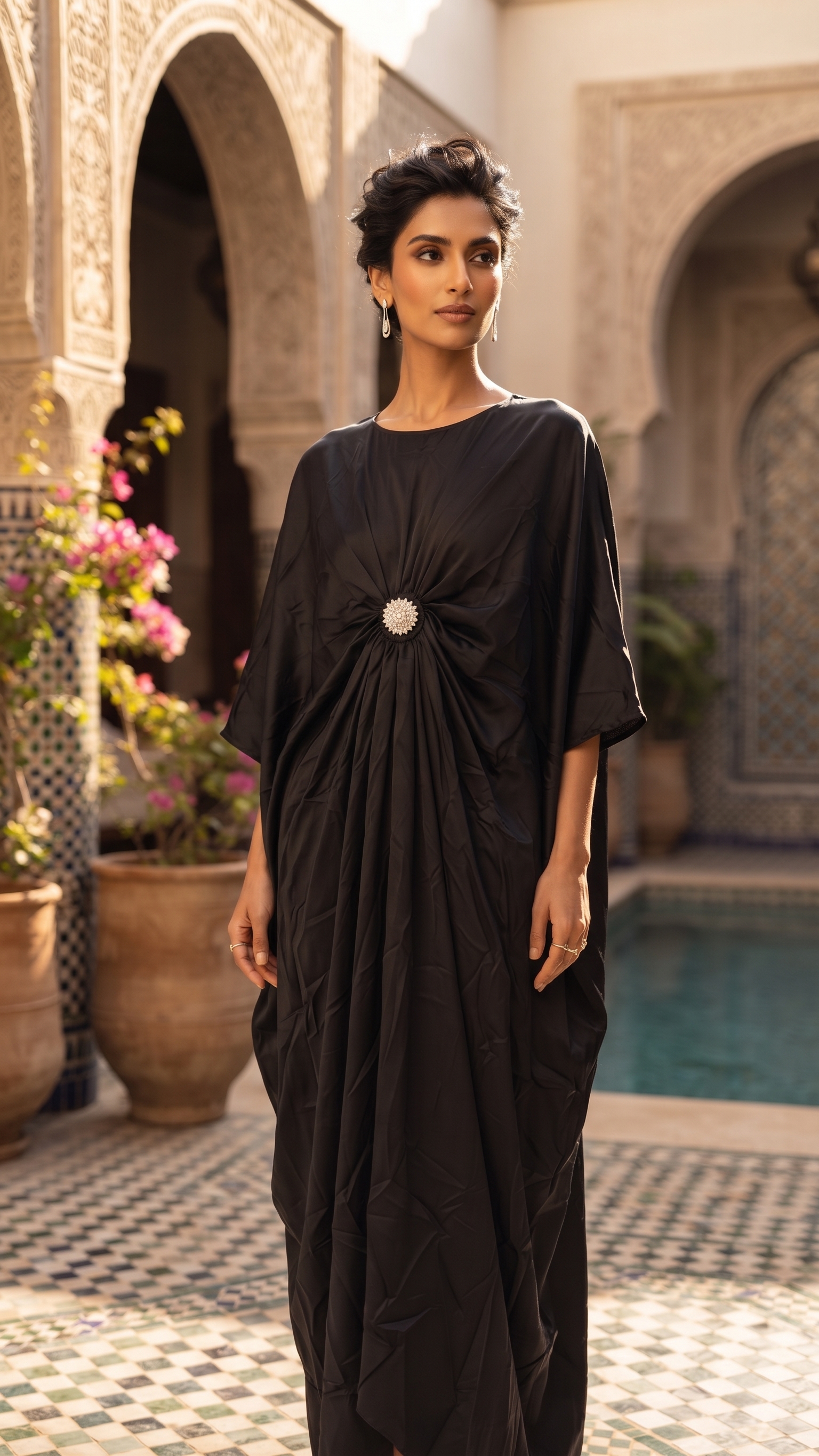 Black Draped Embellished Kaftan