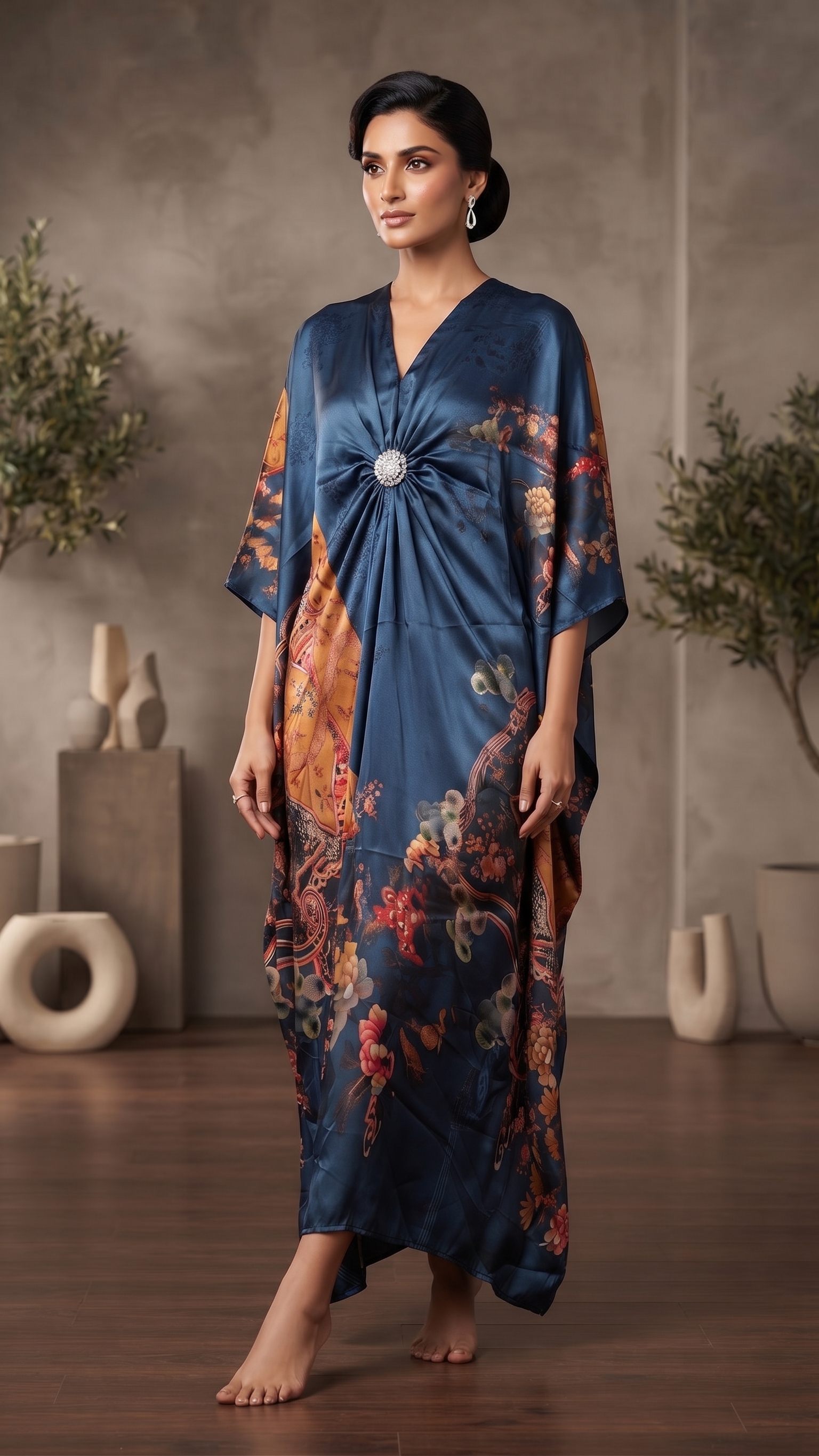 Midnight Blue Floral Draped Kaftan