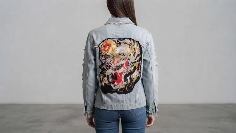 Dragon Crest Distressed Light-Wash Denim Jacket