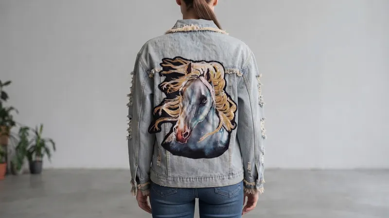 Embroidered Horse Distressed Light-Wash Denim Jacket