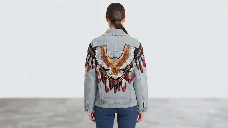 Embroidered Eagle Light-Wash Distressed Denim Jacket