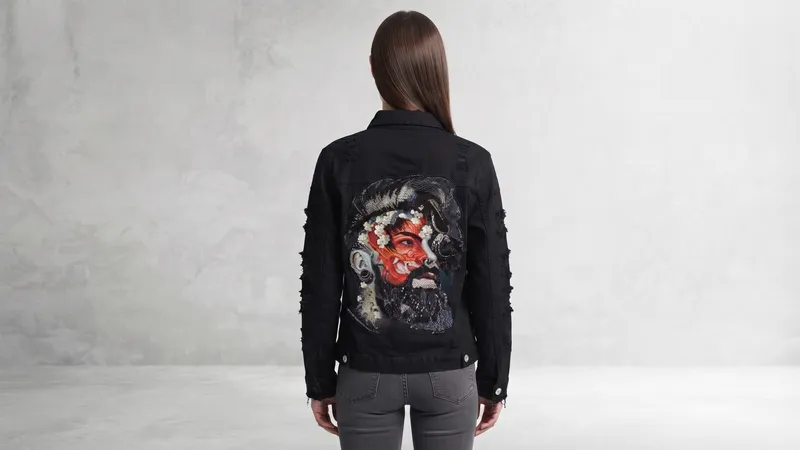 Black Distressed Masked Warrior Embroidery Denim Jacket