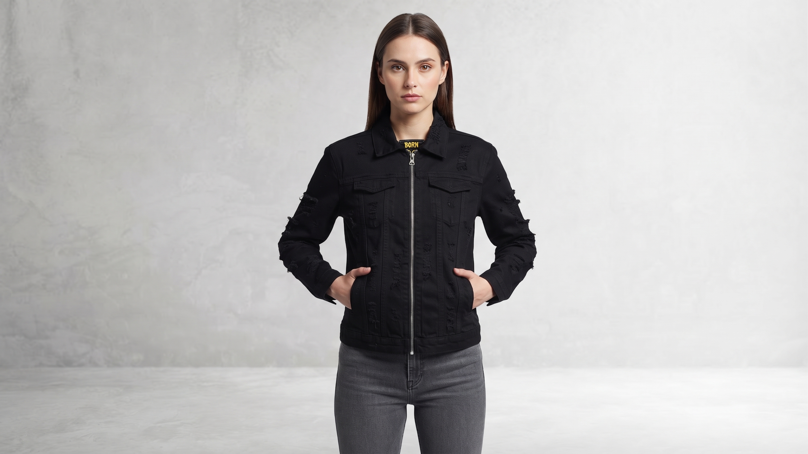 Black Distressed Masked Warrior Embroidery Denim Jacket