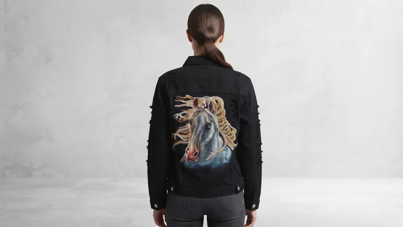 Black Horse Embroidery Distressed Denim Jacket