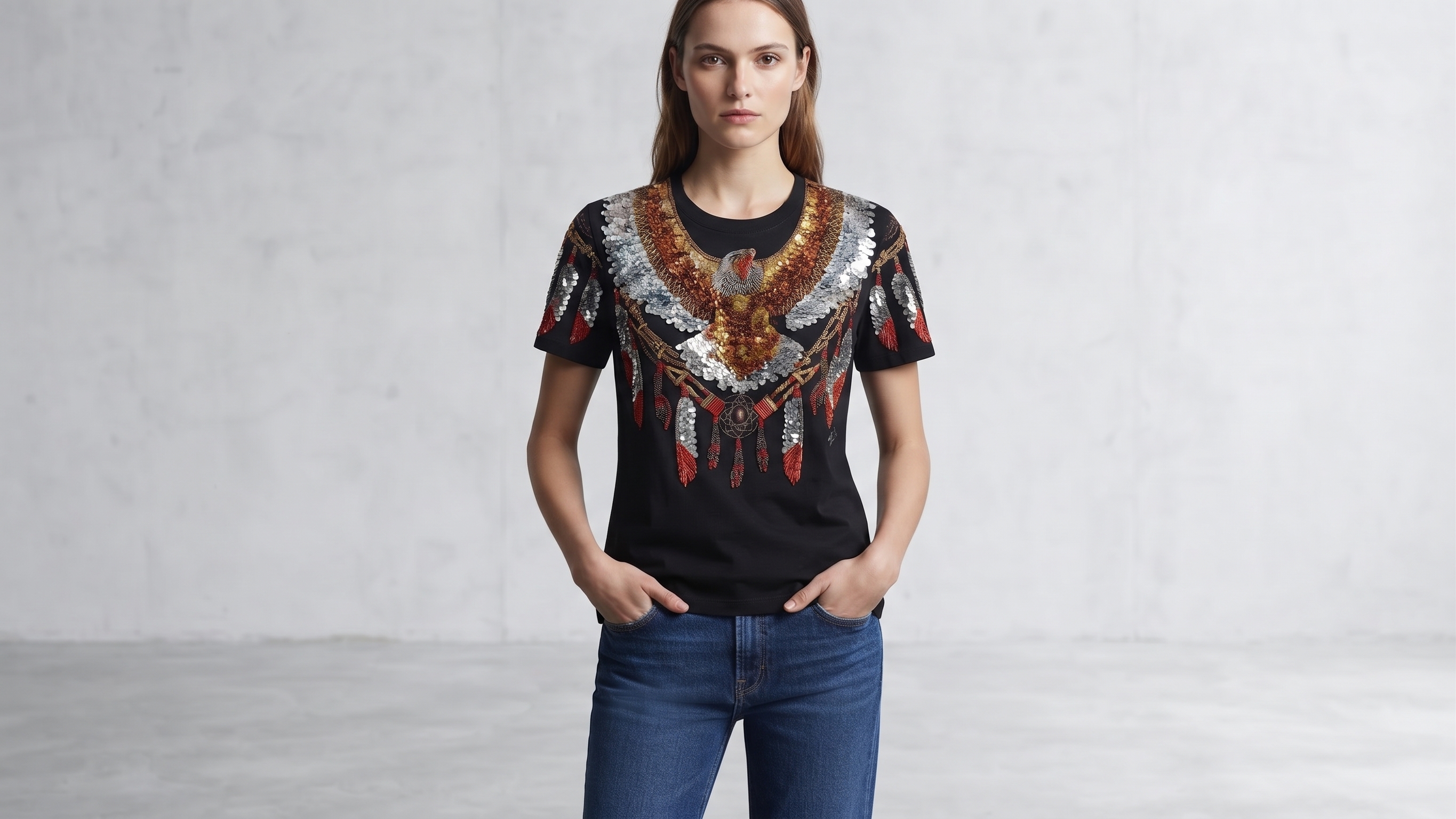 Black Winged Eagle Embellished T-Shirt