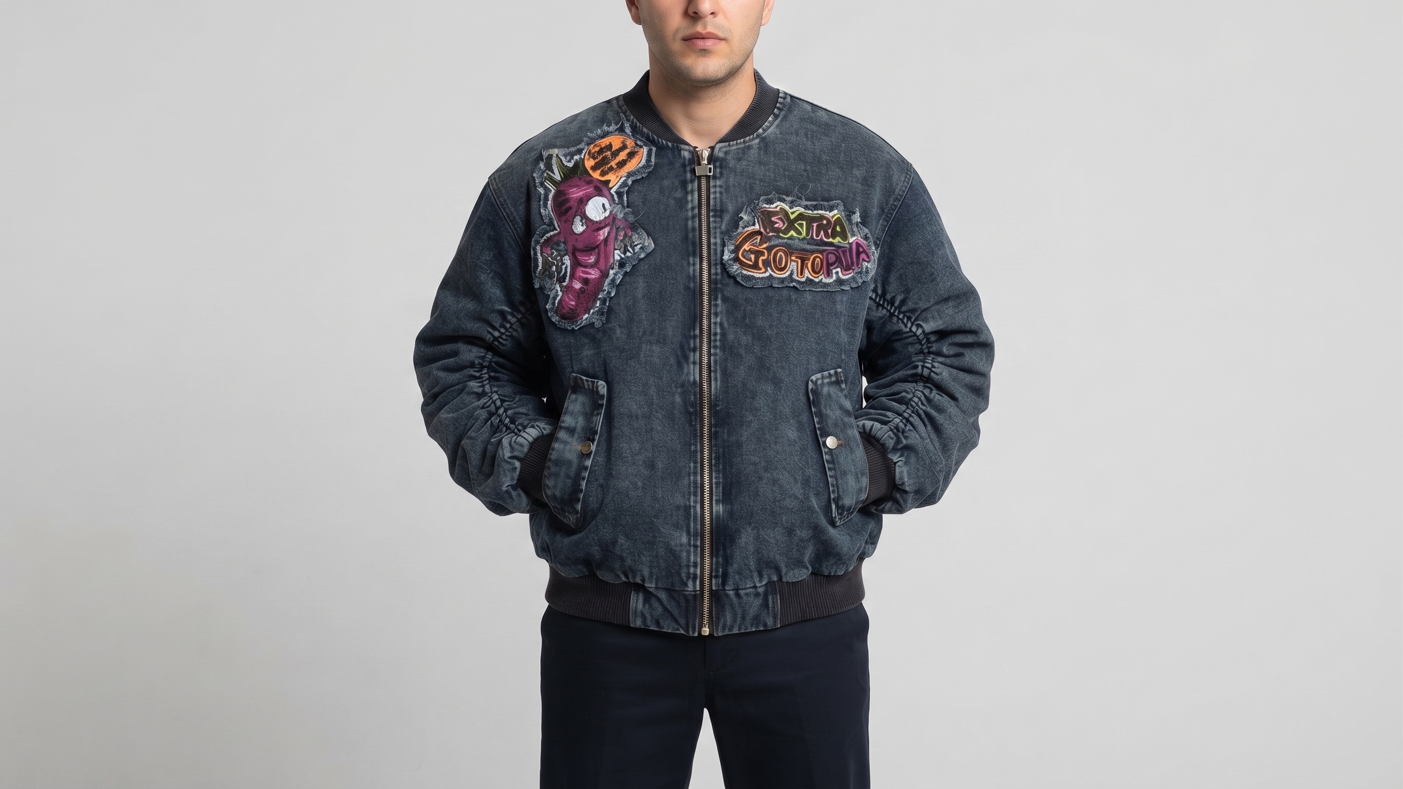 Washed Charcoal Denim Cartoon Patch Bomber Jacket