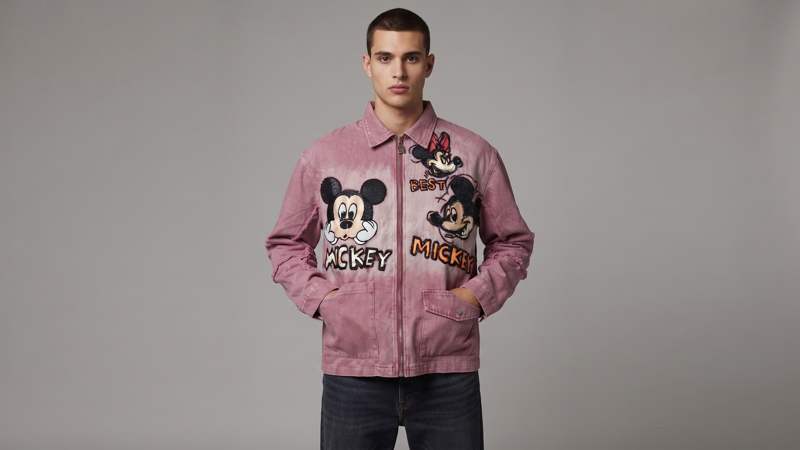 Dusty Pink Mickey Graphic Denim Jacket