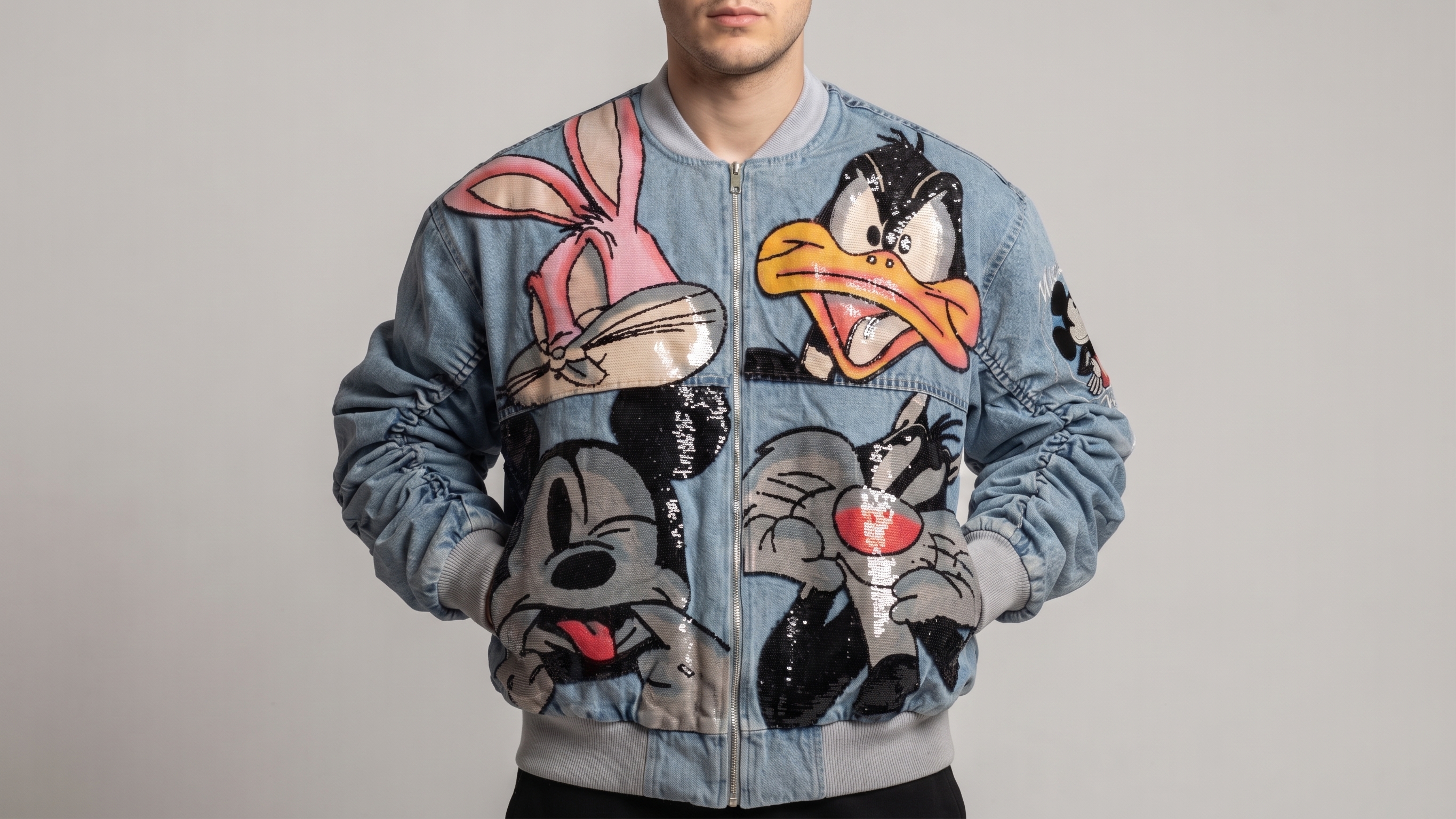 Light Blue Looney Tunes Sequin Bomber Jacket