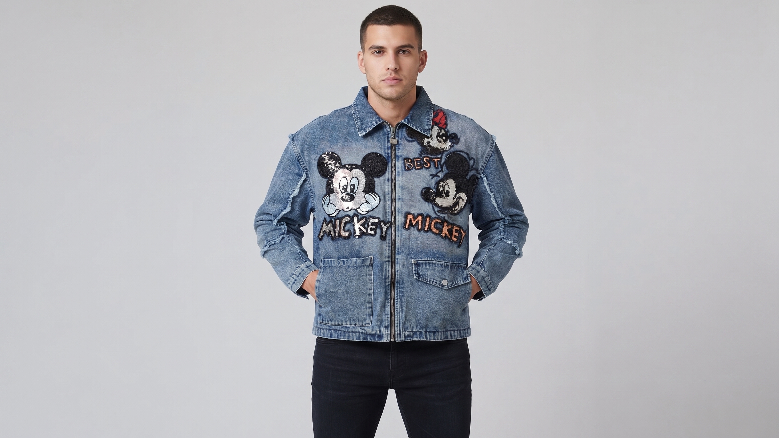 Light Blue Mickey Graphic Distressed Denim Jacket