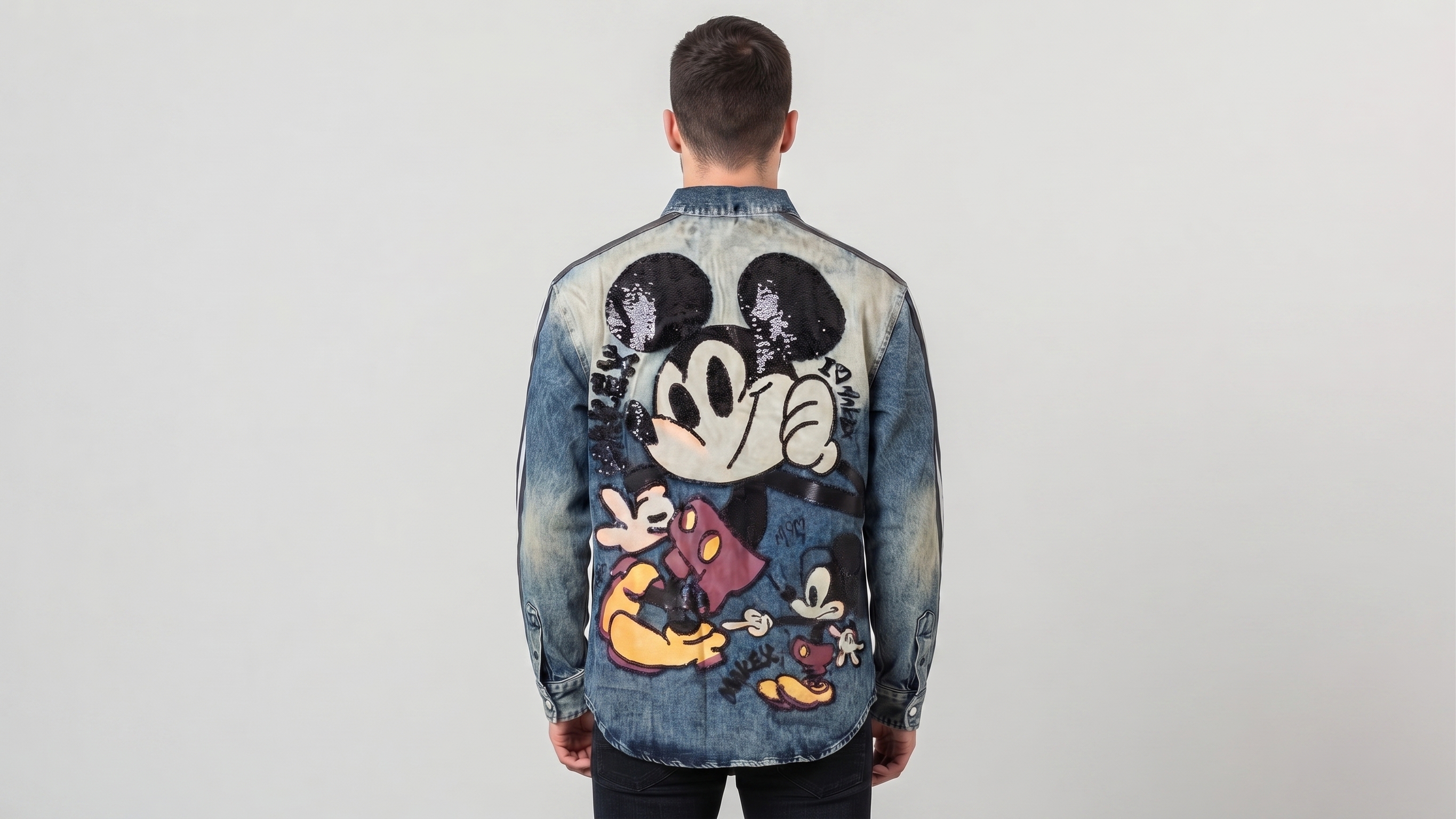 Blue Mickey Mouse Graphic Stripe Denim Shirt Jacket