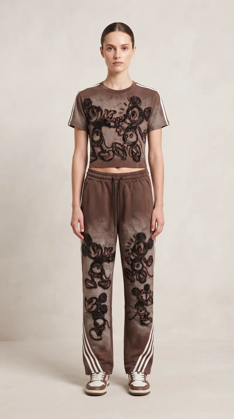 Brown Mickey Mouse Graphic Embroidered Tracksuit Set