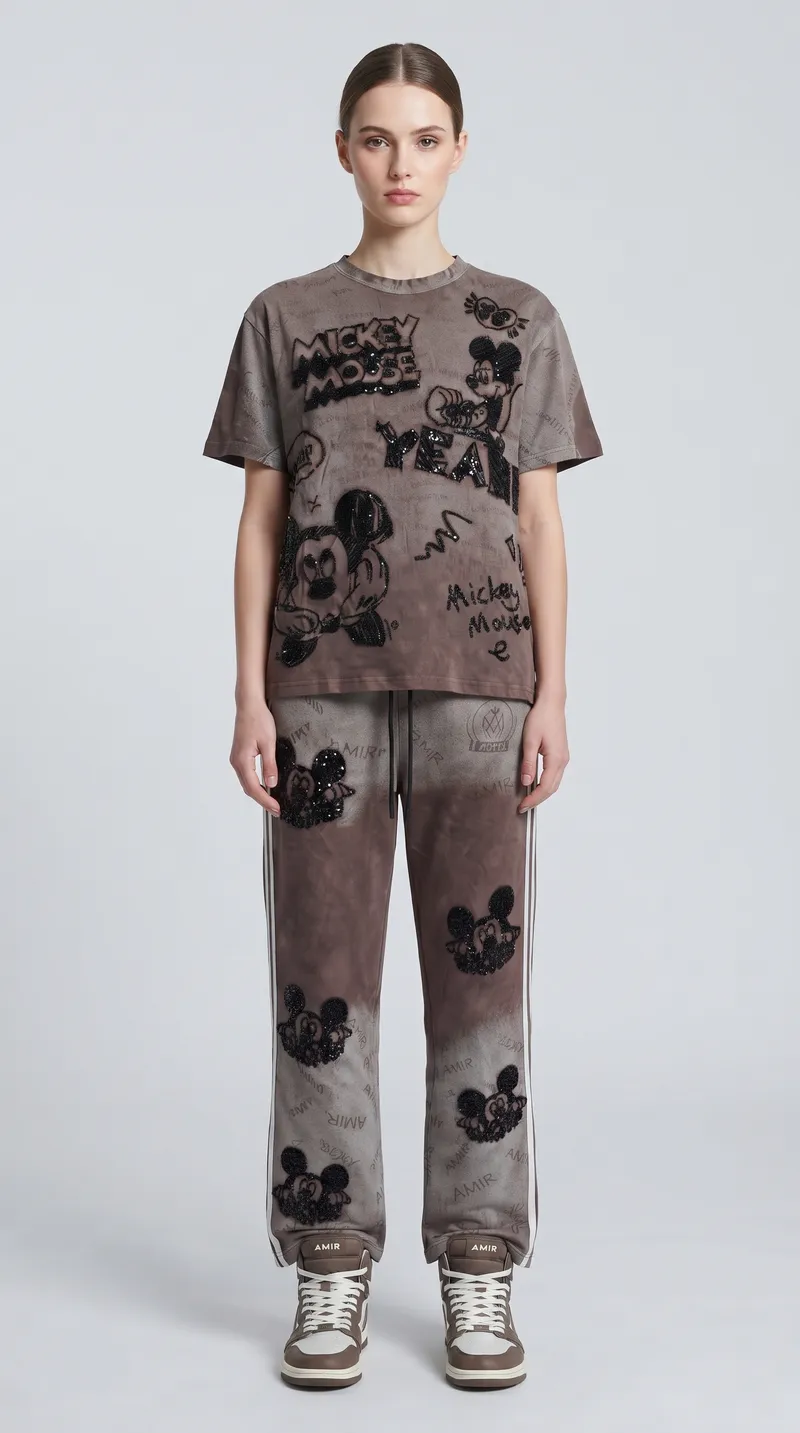 Brown Mickey Mouse Embroidered Tracksuit Set