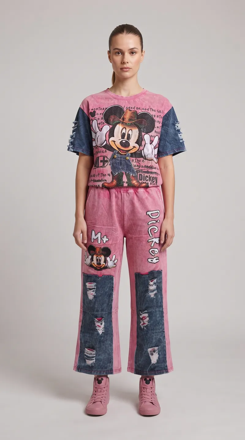 Pink Mickey Denim Panel Wide Leg Set