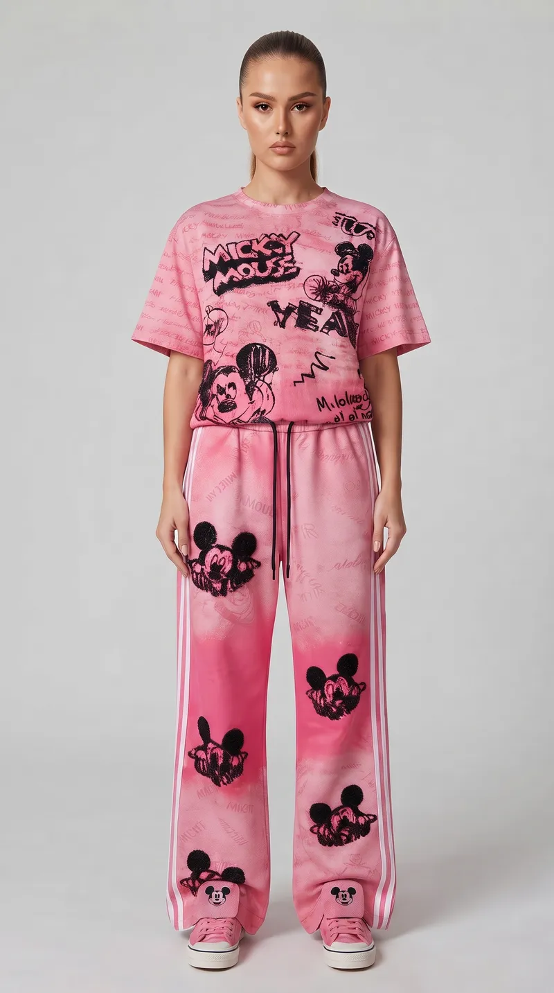 Pink Mickey Gradient Embroidery Wide Leg Set