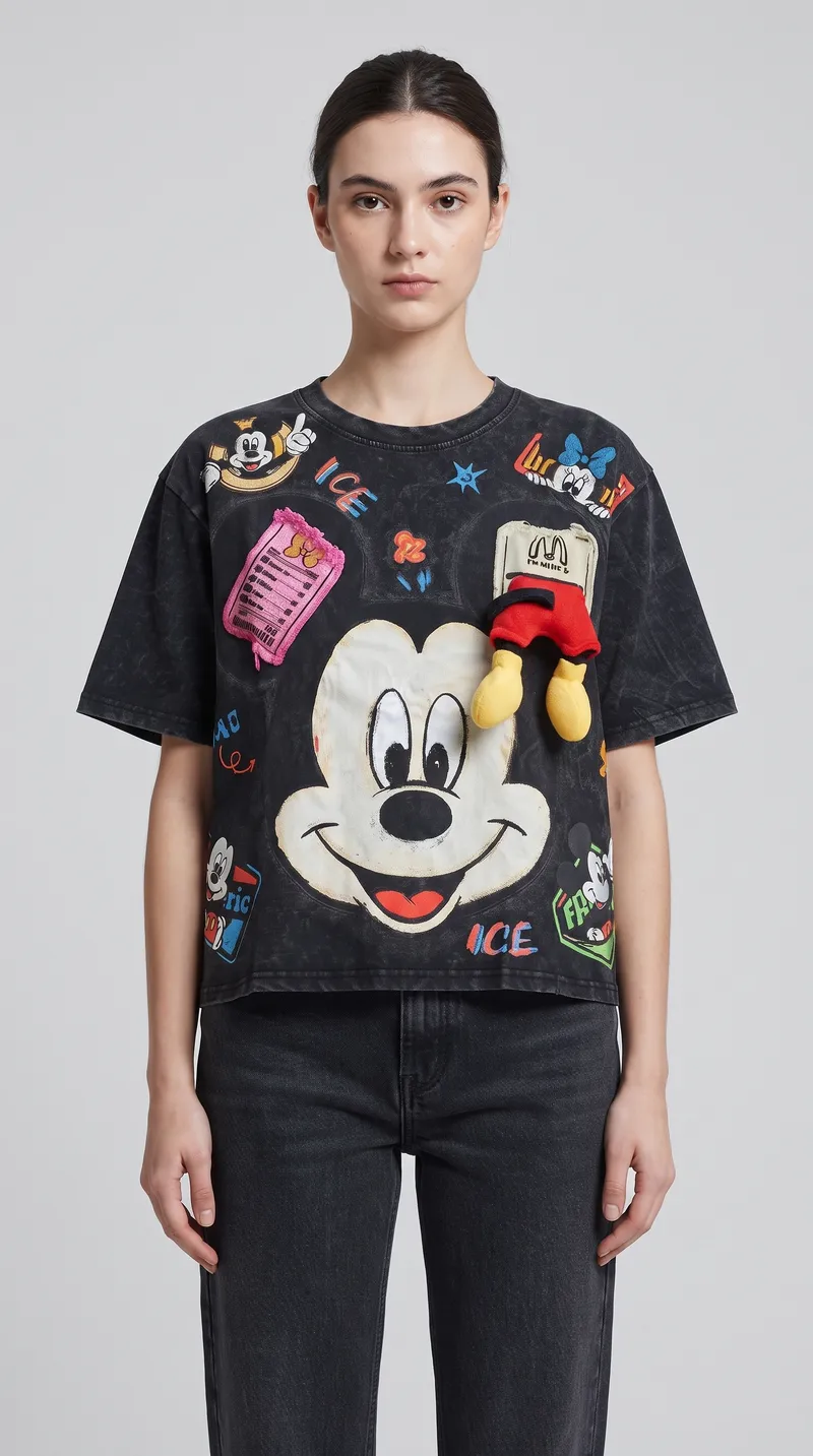 Black Mickey Patchwork Graphic Oversized T-Shirt