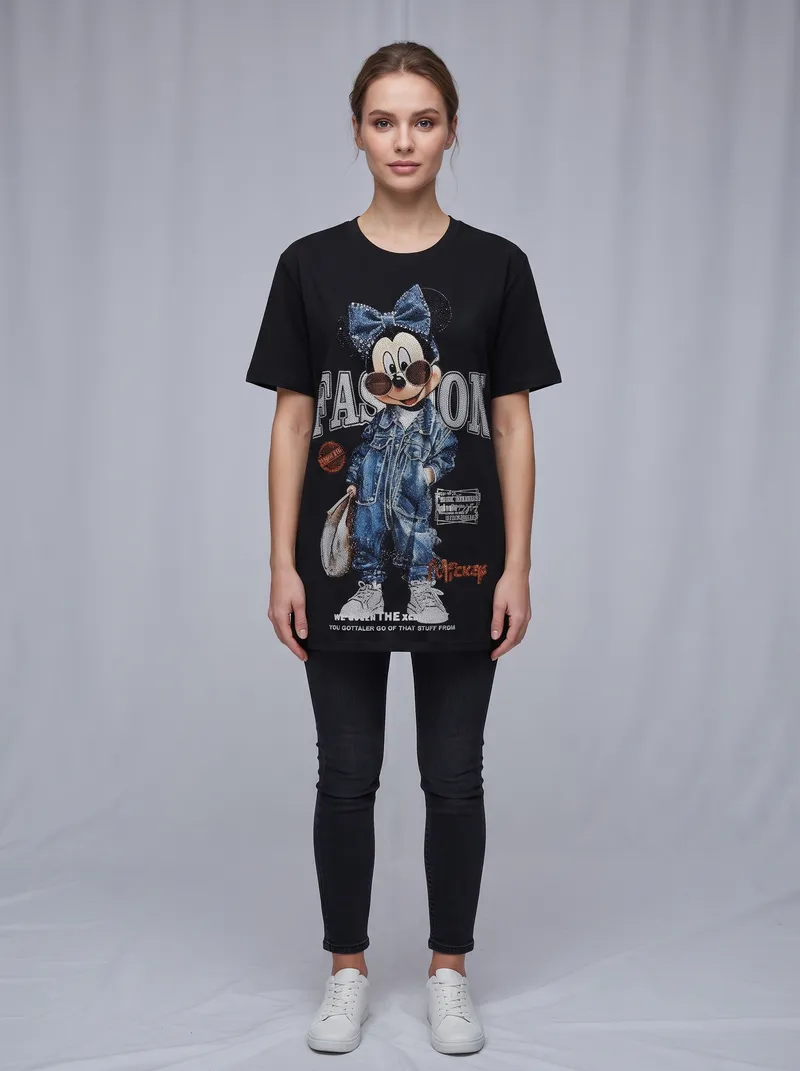 Black Mickey Fashion Crystal Graphic T-Shirt
