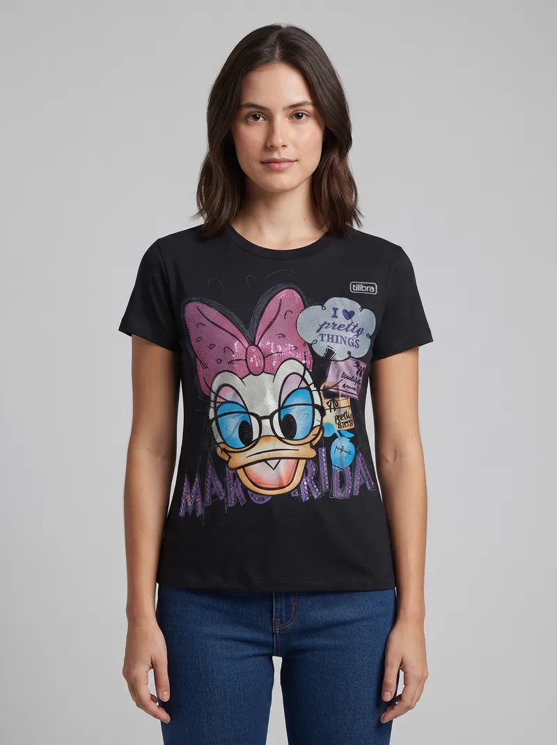Black Daisy Duck Graphic Cartoon T-Shirt