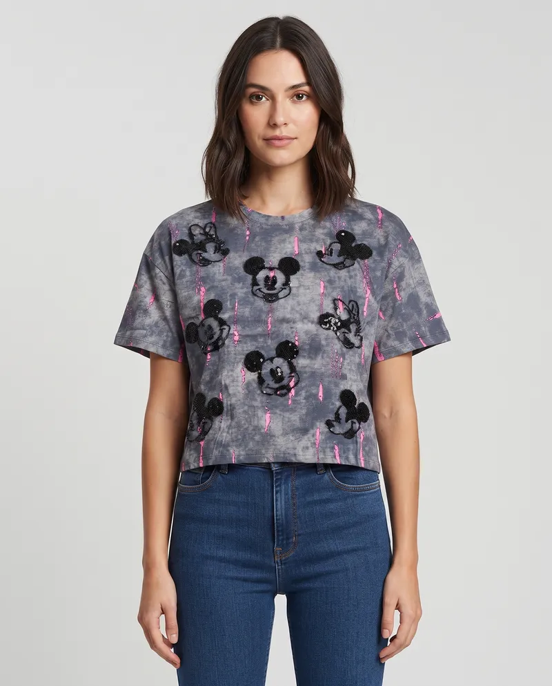 Grey  Mickey Mouse Embroidered Oversized T-Shirt