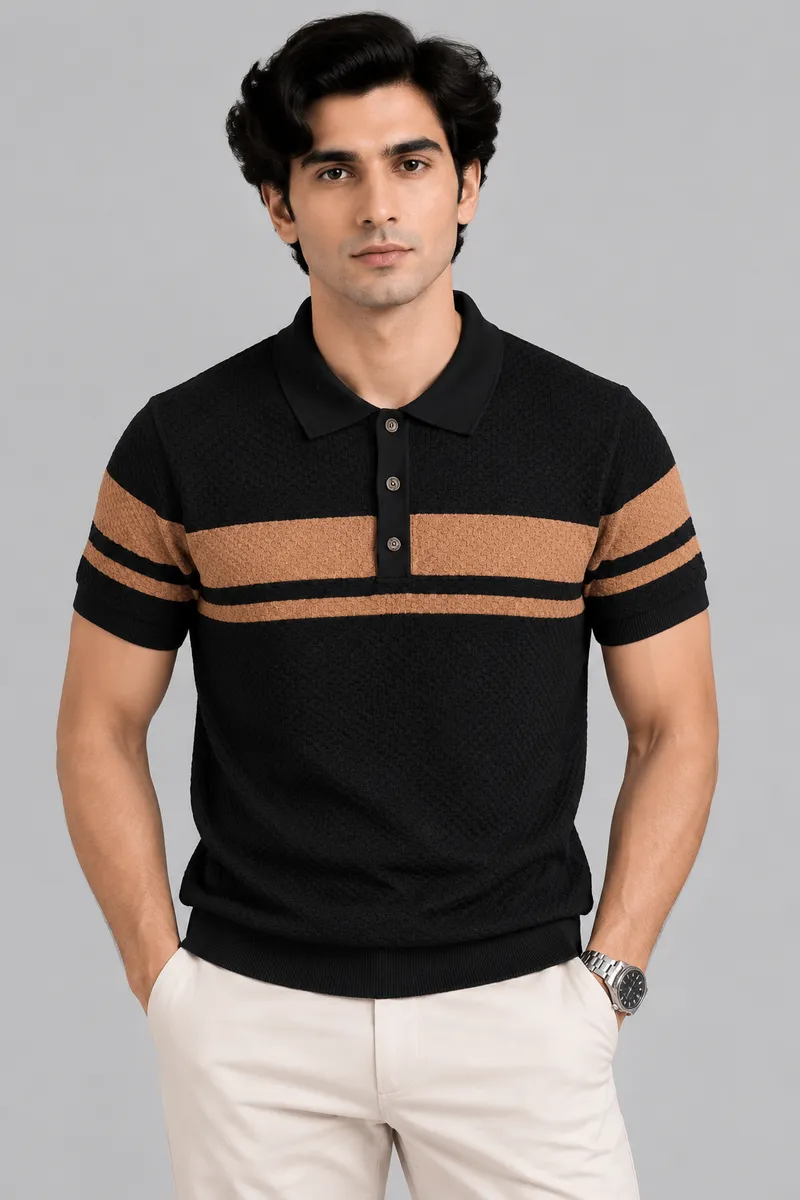 Black & Copper Textured Contrast Polo Shirt