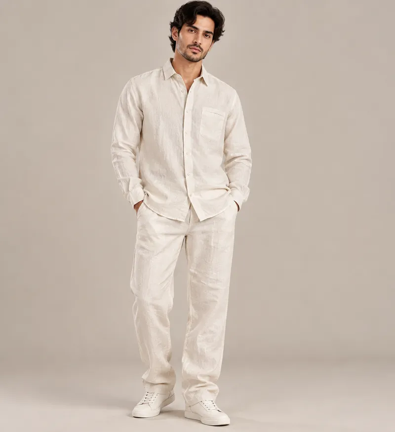 Ivory Linen Textured Button-Up Shirt & Pants