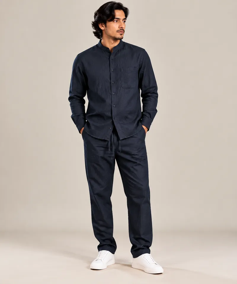 Navy Textured Mandarin Collar Shirt & Pants