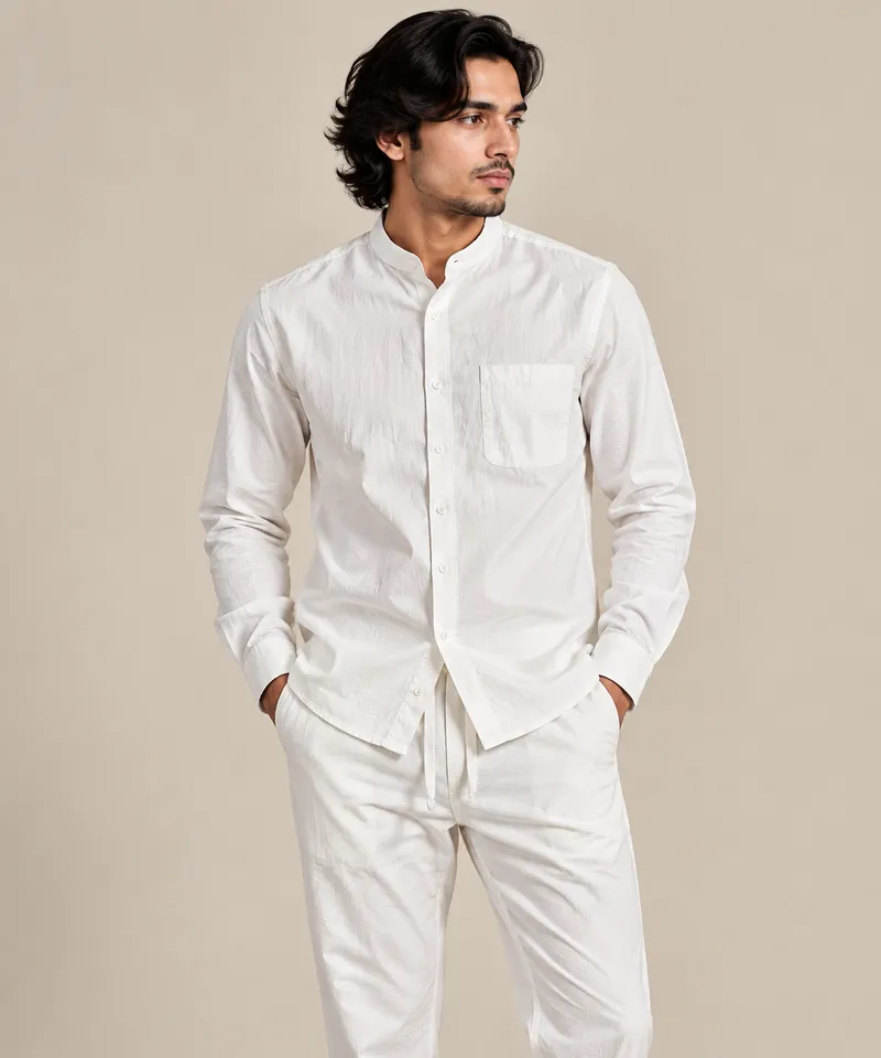 Ivory Minimal Linen Mandarin Collar Shirt & Pants