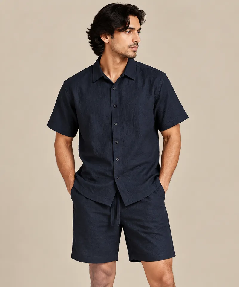 Midnight Navy Textured Short Sleeve Shirt & Shorts Set