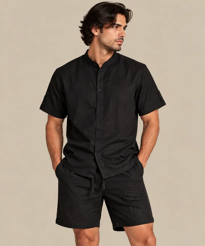 Black Textured Mandarin Collar Short Sleeve Shirt