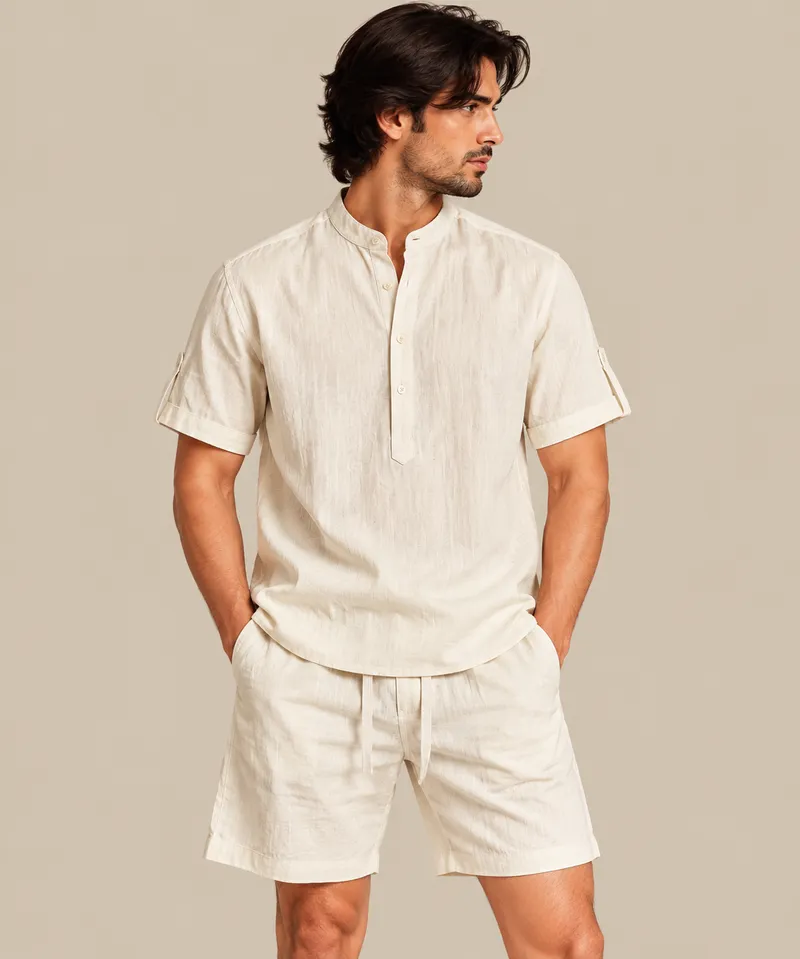 Ivory Mandarin Collar Shirt & Shorts Set